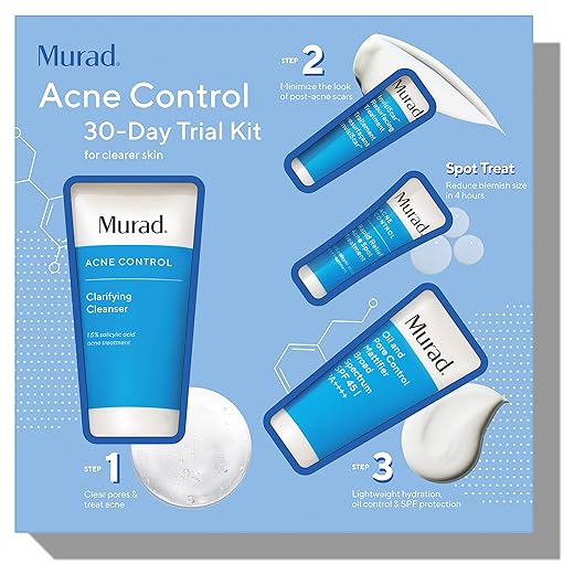 Murad Acne Control 30-Day Trial Kit - 4-Piece Trial-Size Kit $57 Value - Clarifying Cleanser, Oil & Pore Control Mattifier, Rapid Relief Acne Spot Treatment, & InvisiScar Treatment