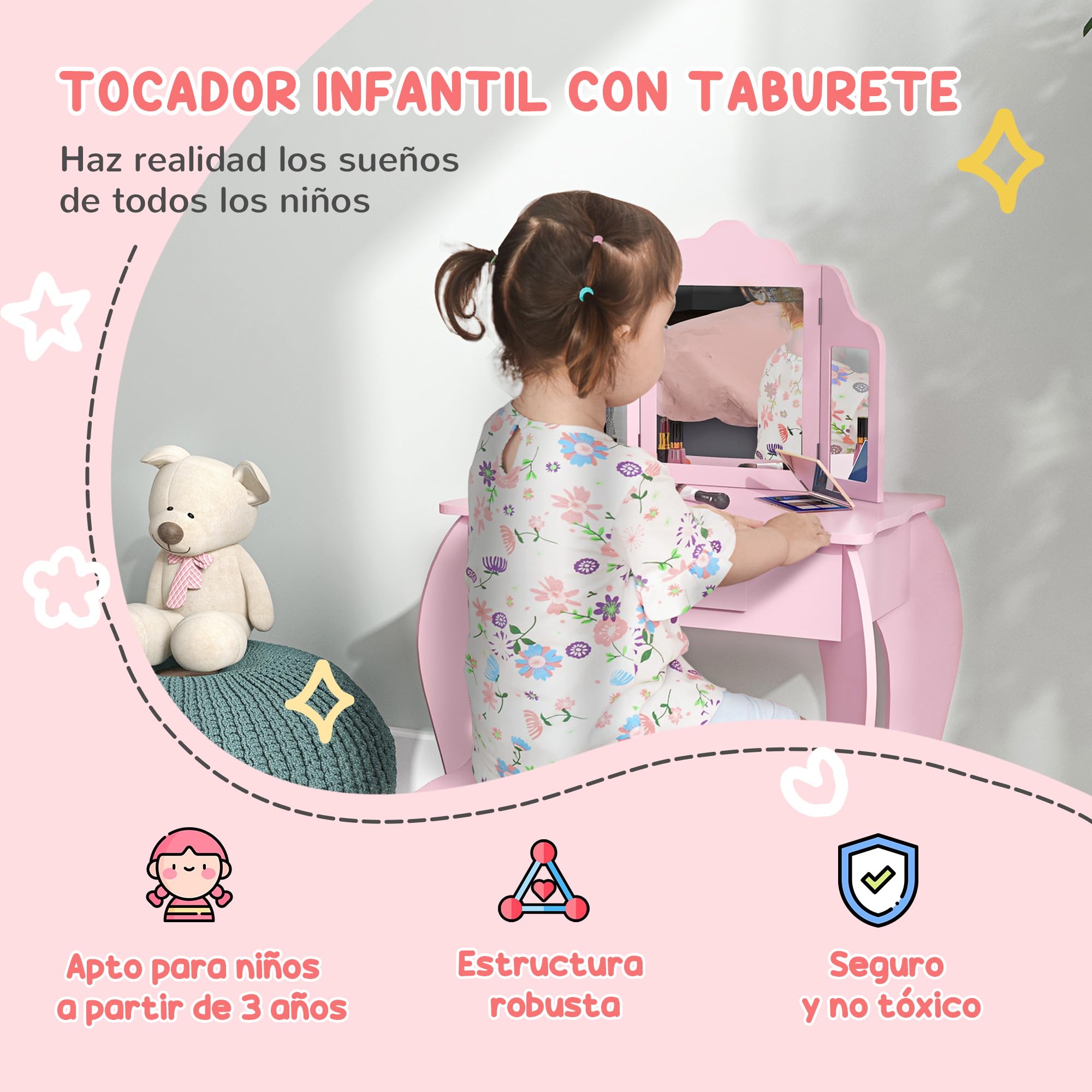 HOMCOM Tocador Infantil con Taburete y Espejo Ajustable, Tocador para Niñas con Cajón, Mesa de Maquillaje para Niños y Niñas de 3-6 Años, Rosa
