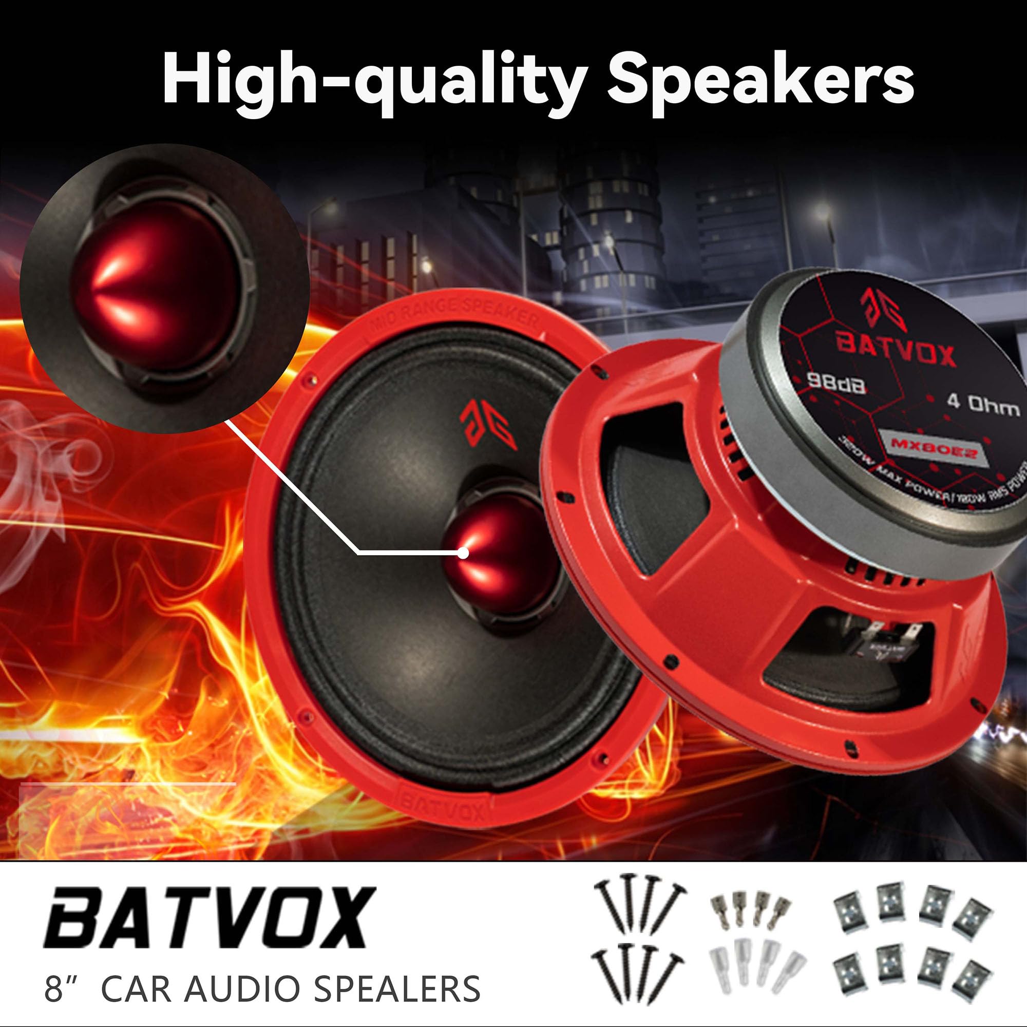 MX80E2 - Altavoces de 8 pulgadas (640 W, 4 ohmios, Red Bullet, calidad premium, para coche o camión, sistema de sonido estéreo, 2 altavoces)