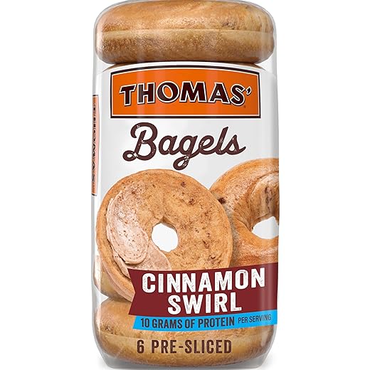 Thomas' Cinnamon Swirl Bagels, 6 count, (3.33 oz each), 10g Protein, Kosher Cinnamon Bagels, 20 oz Bag
