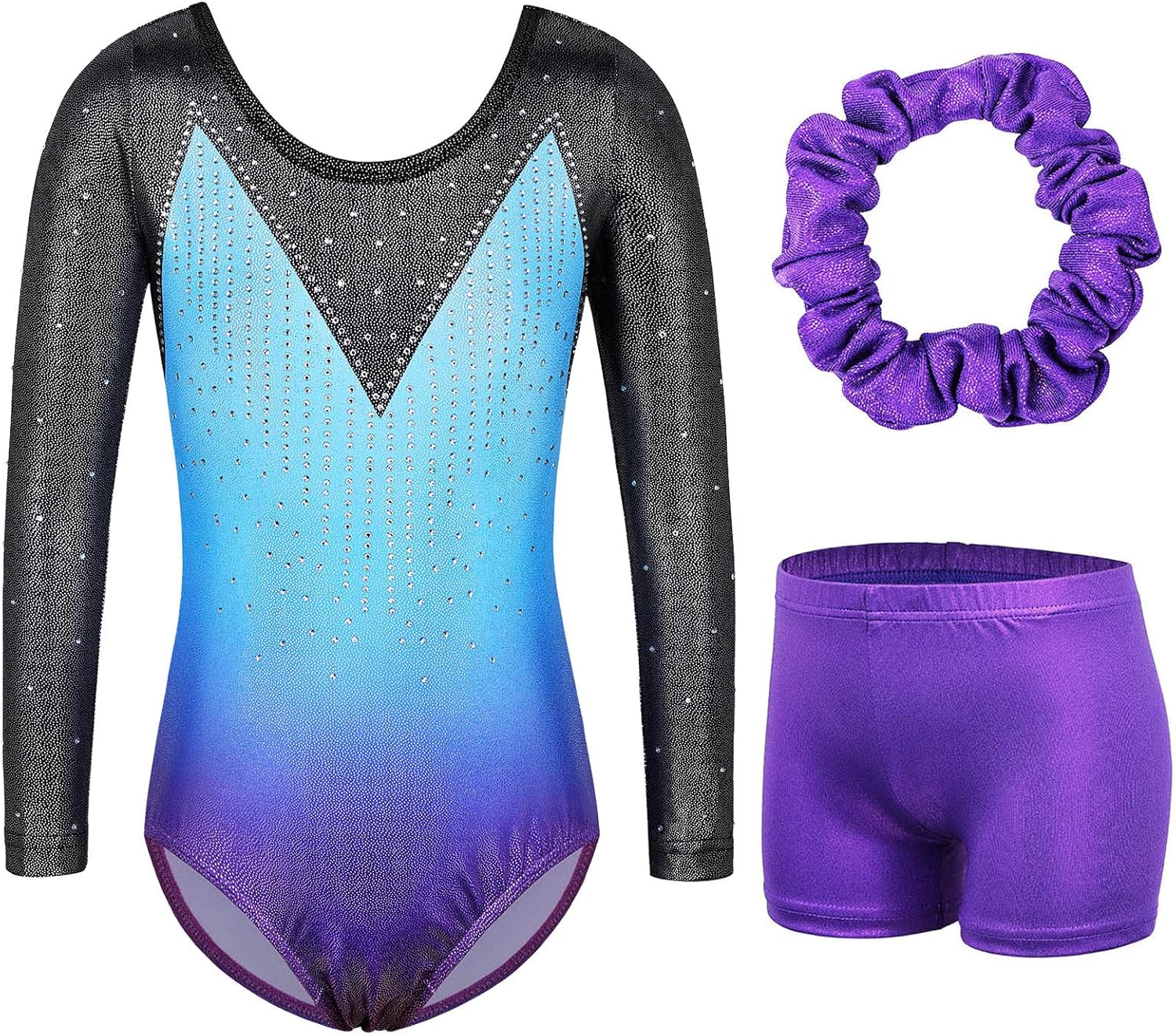 BAOHULU Gymnastics Leotards for Girls Patriotic Glitter Long Sleeve Dancewear with Matching Shorts Set 5-6 Years Sleeved Bluepurple Set