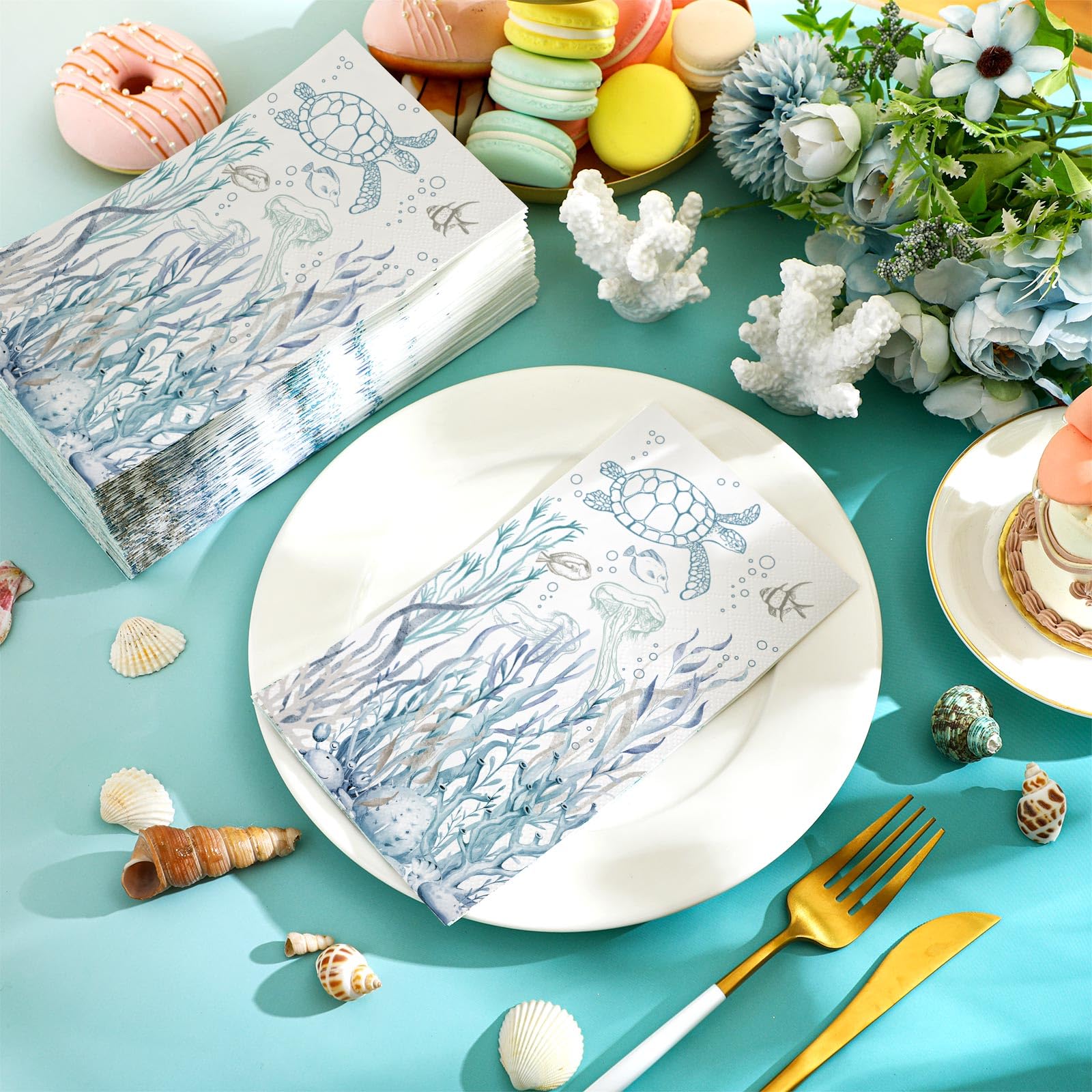 200 toallas de papel de baño de tortuga costera de 2 capas, servilletas de invitados de verano, toallas de mano de papel de baño azul, servilletas de cena de medusas, servilletas náuticas