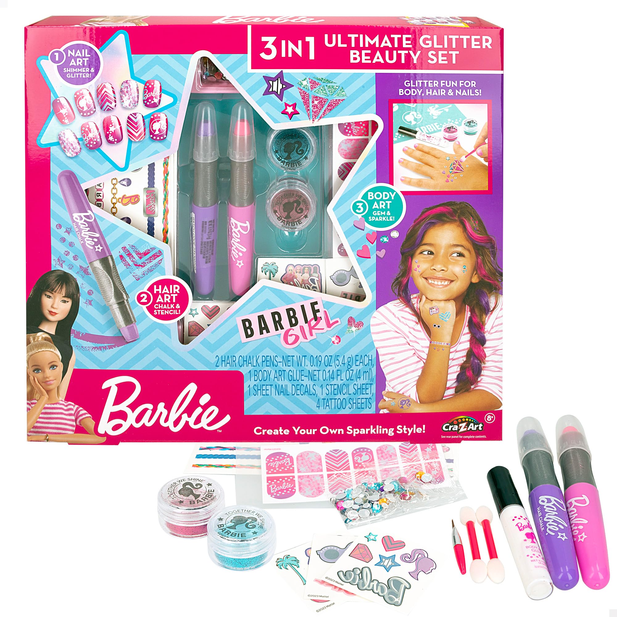 Colorbaby Barbie - Set Belleza Glitter 3 en 1, Cabello, uñas y Cuerpo, Juego Tatuajes temporales, Tizas de Colores para Pelo, Juego de uñas, Mechas temporales, para niñas de 8 años, 48429