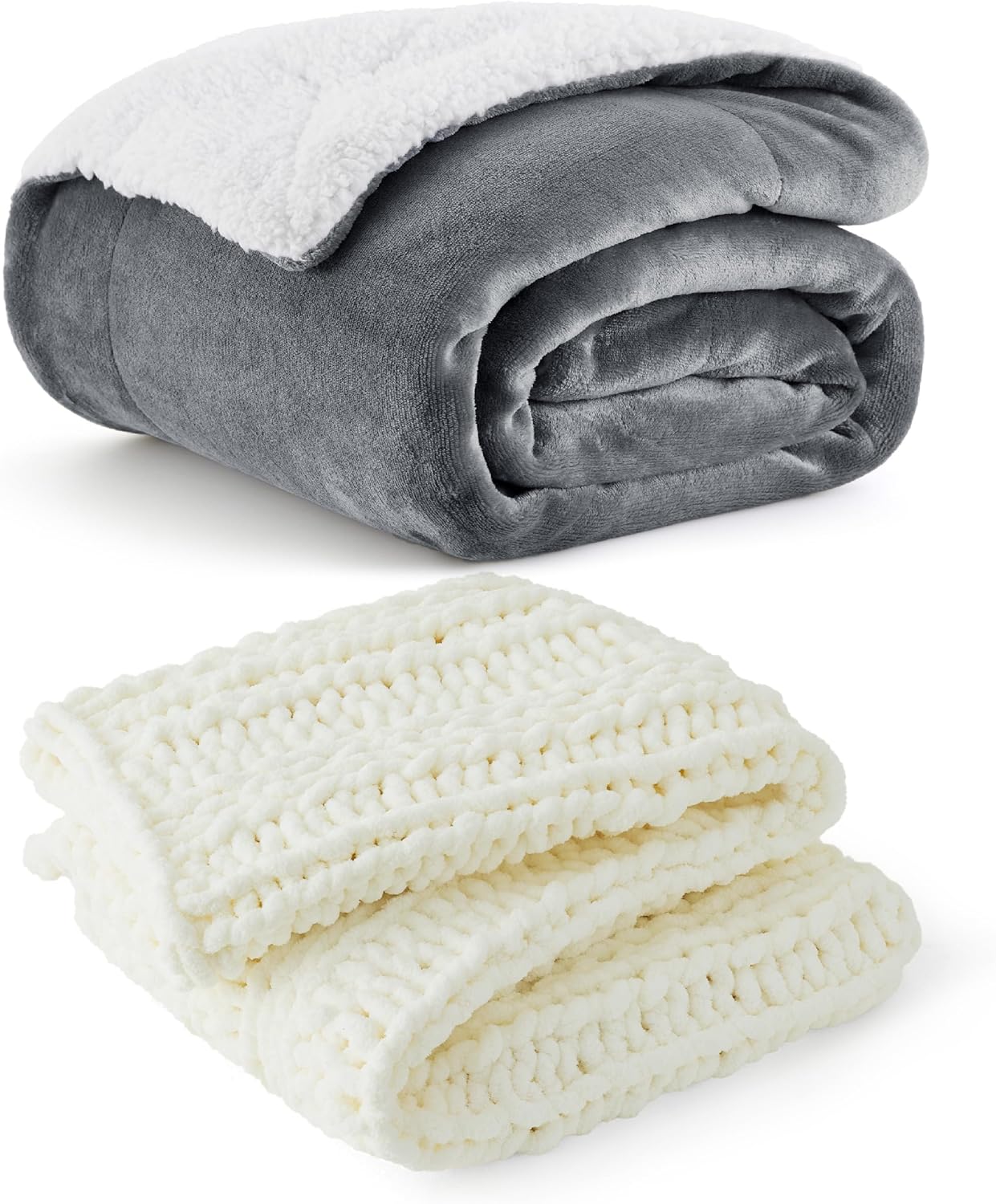 Bedsure Sherpa Fleece Blanket Throw & Chunky Knit Throw