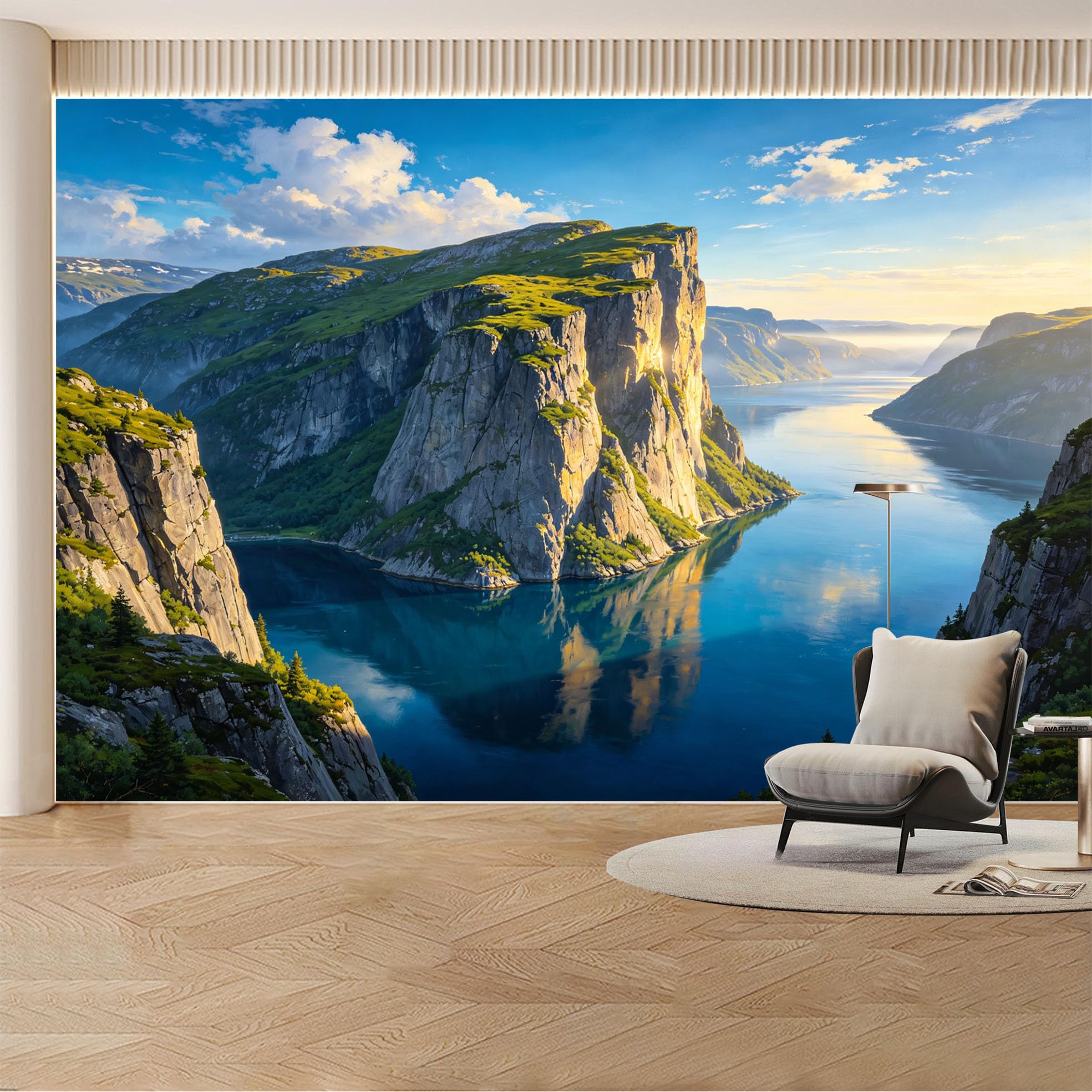 Kayorowalls Bh20260620087 Custom Wall Mural Wallpaper Mountain Fjord Landscape Nature 3D Effect Wall Decor Large Wall Art Nordic Sunset Removable Selfadhesive Large Photo For Living Room， Bedroom， Office