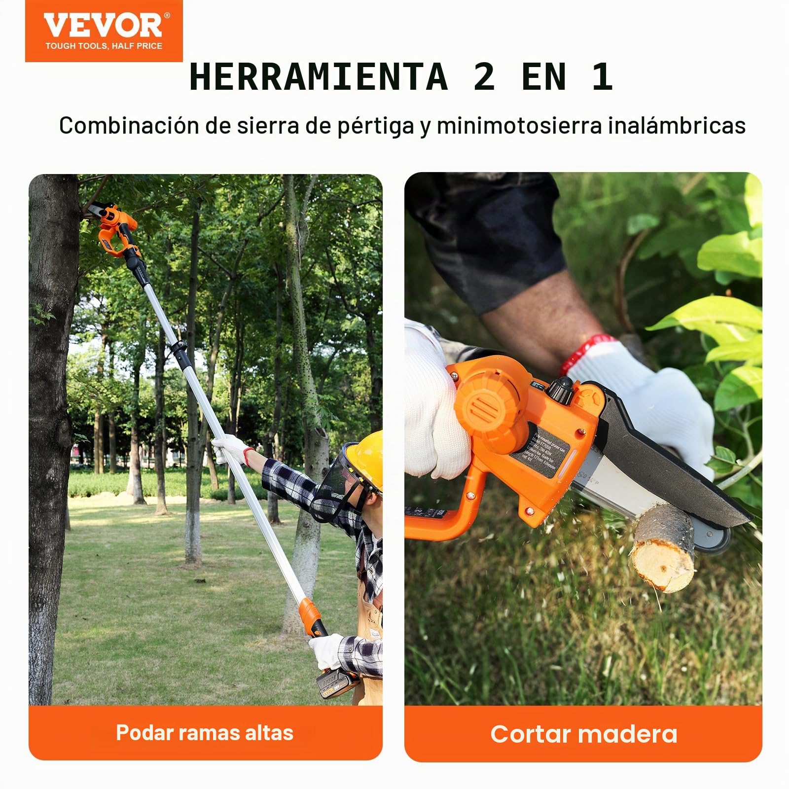 VEVOR Podadora de Pértiga Telescópica 2 en 1 con Batería de 20 V y 2 Ah Grosor de Corte de 13 cm Podadora Eléctrica con Batería y Funda de Cuchilla Sierra Telescópica para Cortar Ramas de Árboles
