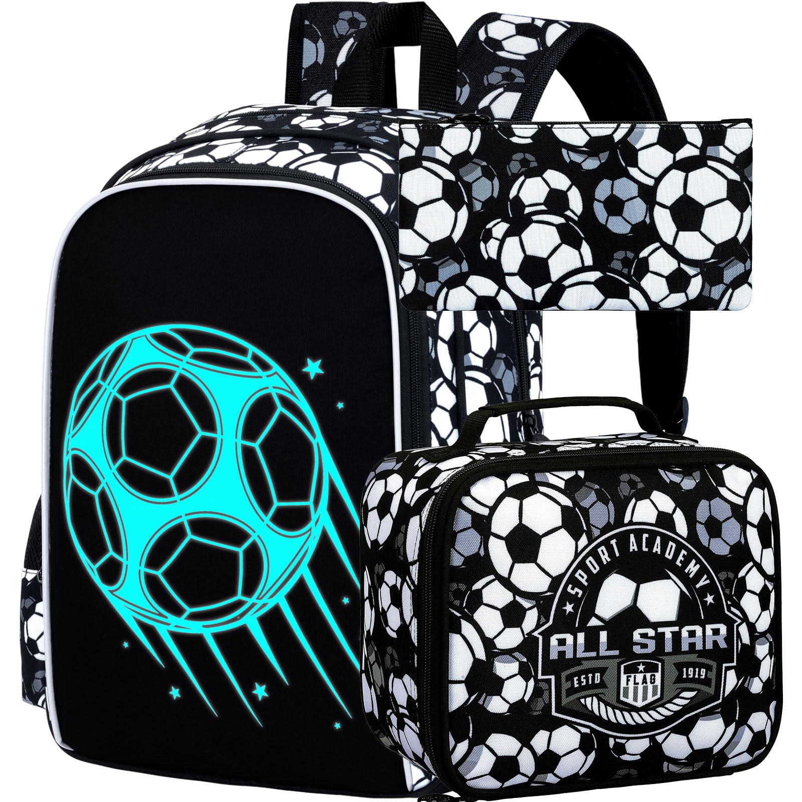 FTJCF 3Pcs Glow in The Dark Soccer Backpack for Boys, 17 Inches Football School Bookbag Set for Teens, Laptop Backpacks with Lunch Bag(Black)