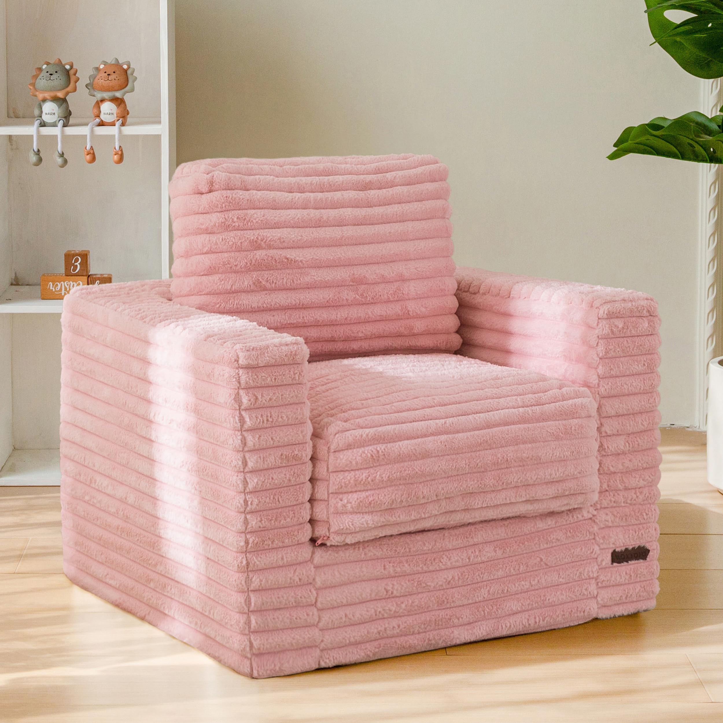 MAXYOYO Kids Bean Bag Chair, Comfy Faux Fur Bean Bag Sofa with Filler, Upholstered Floor Sofa with Pillows and Armrests, Lazy Floor Chair Couch for Boys and Girls, Pink