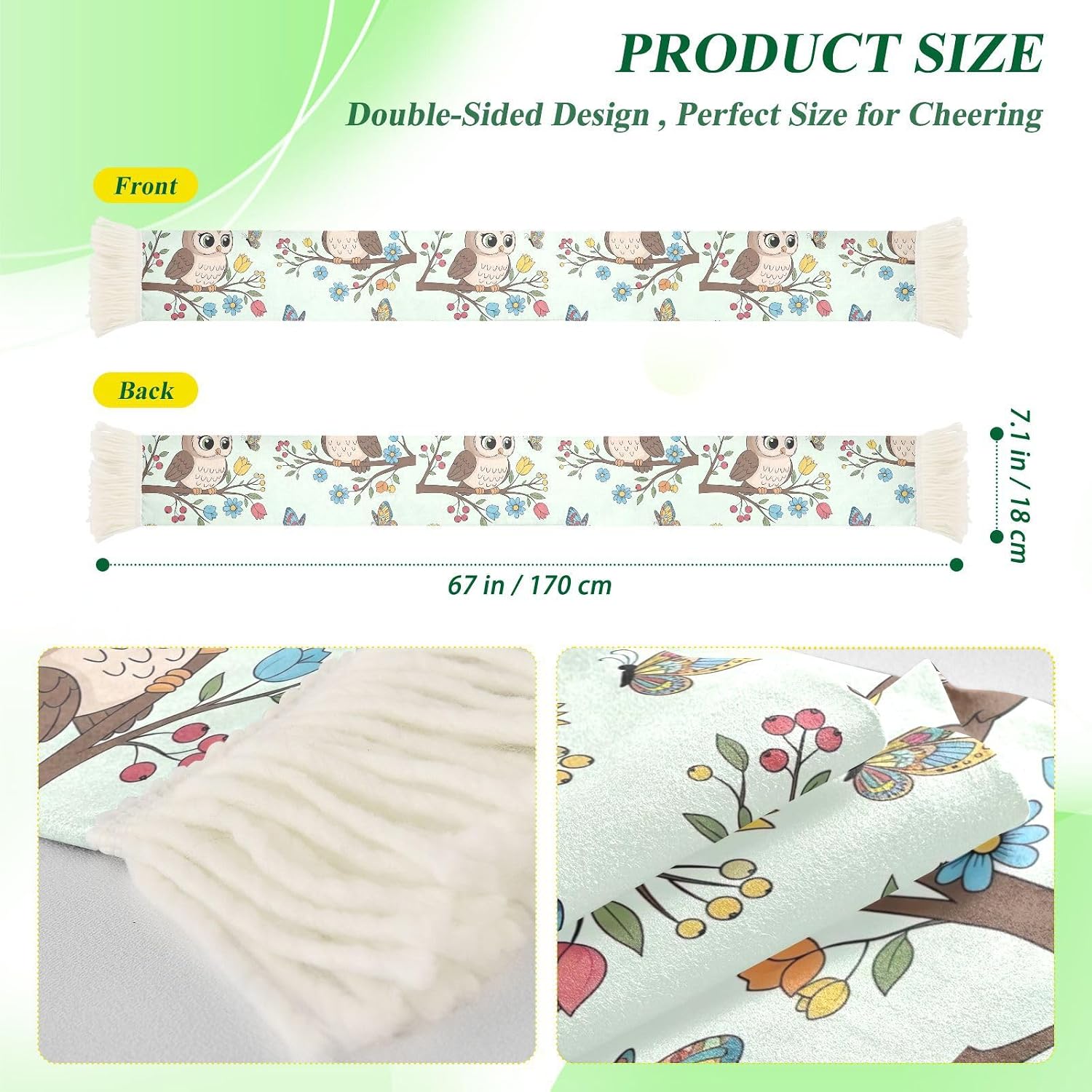 CHIFIGNO Cute Owl Mint Green Sports Fan Scarf Towel, Soft Polyester Cheering Scarf for Soccer Games, Quick Dry Sweat Absorbent Rally Towel