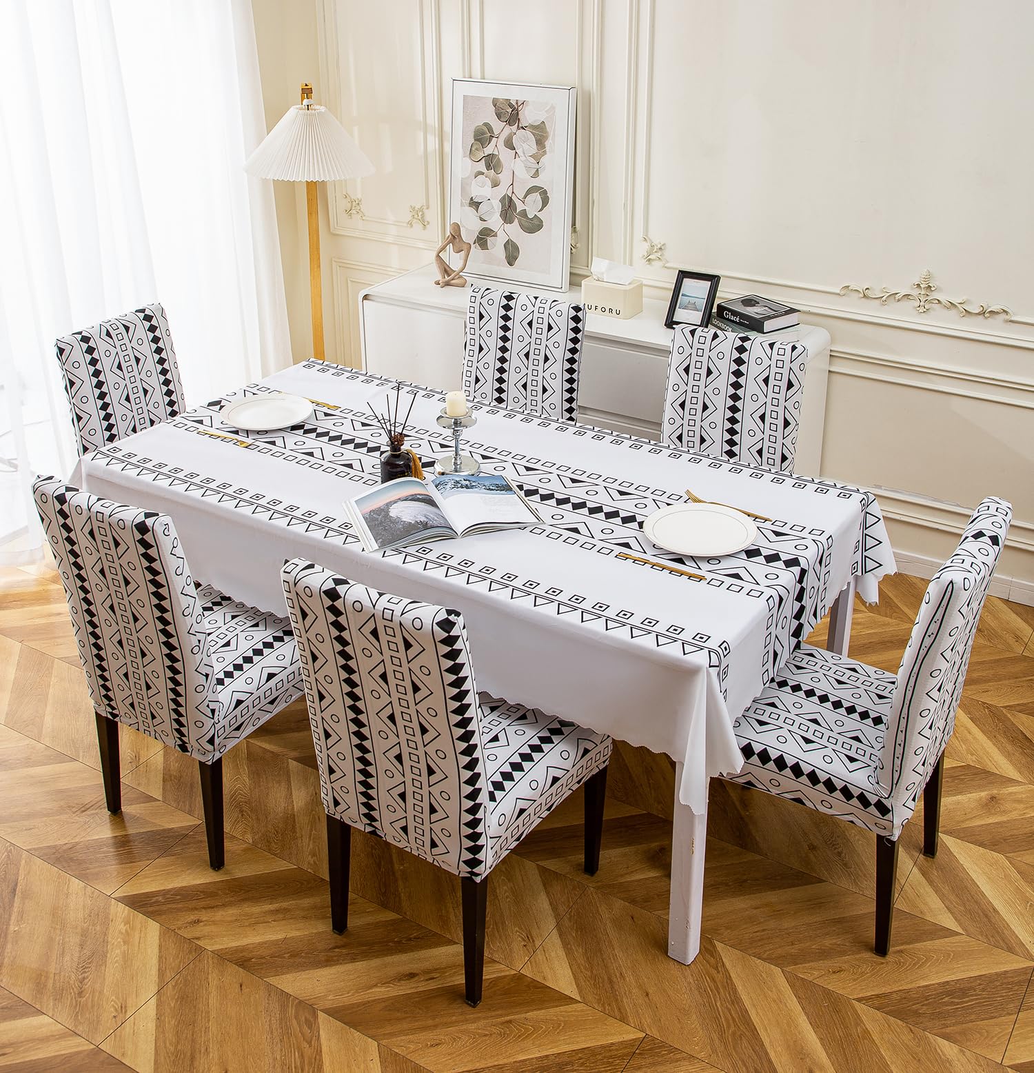 House of Quirk PVC Dining Rectangular Table Cover Waterproof with 8 Chair Covers for Kitchen Dining Table Cloth Dust and Oil Repellent (Cream/White Geometric, 1 Table Cover + 8 Chair Cover)