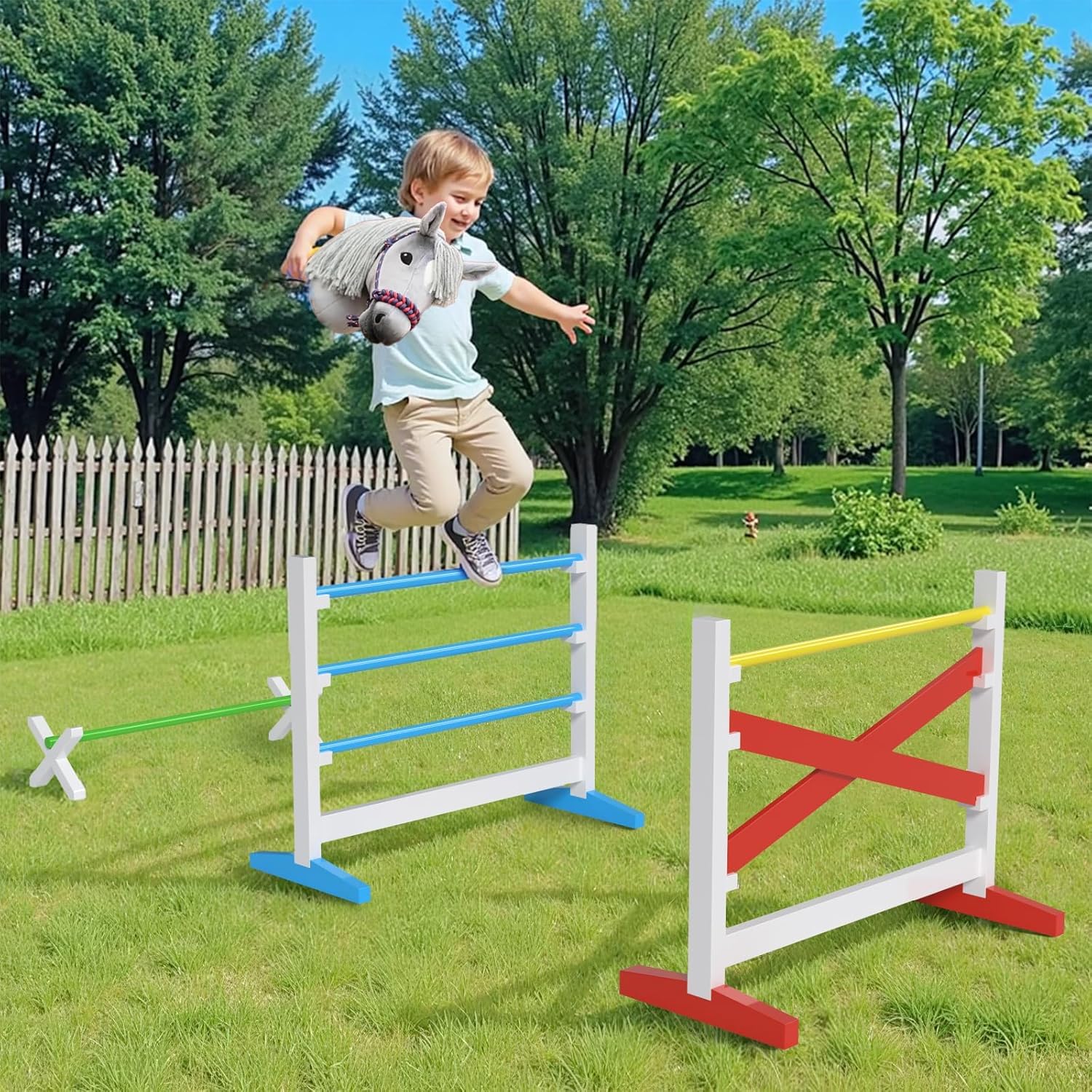 Hobby Horse Obstacles - Horse Course with 2 Jumps, 1 Hurdle, Height Adjustable, Ideal for Children's Room & Garden