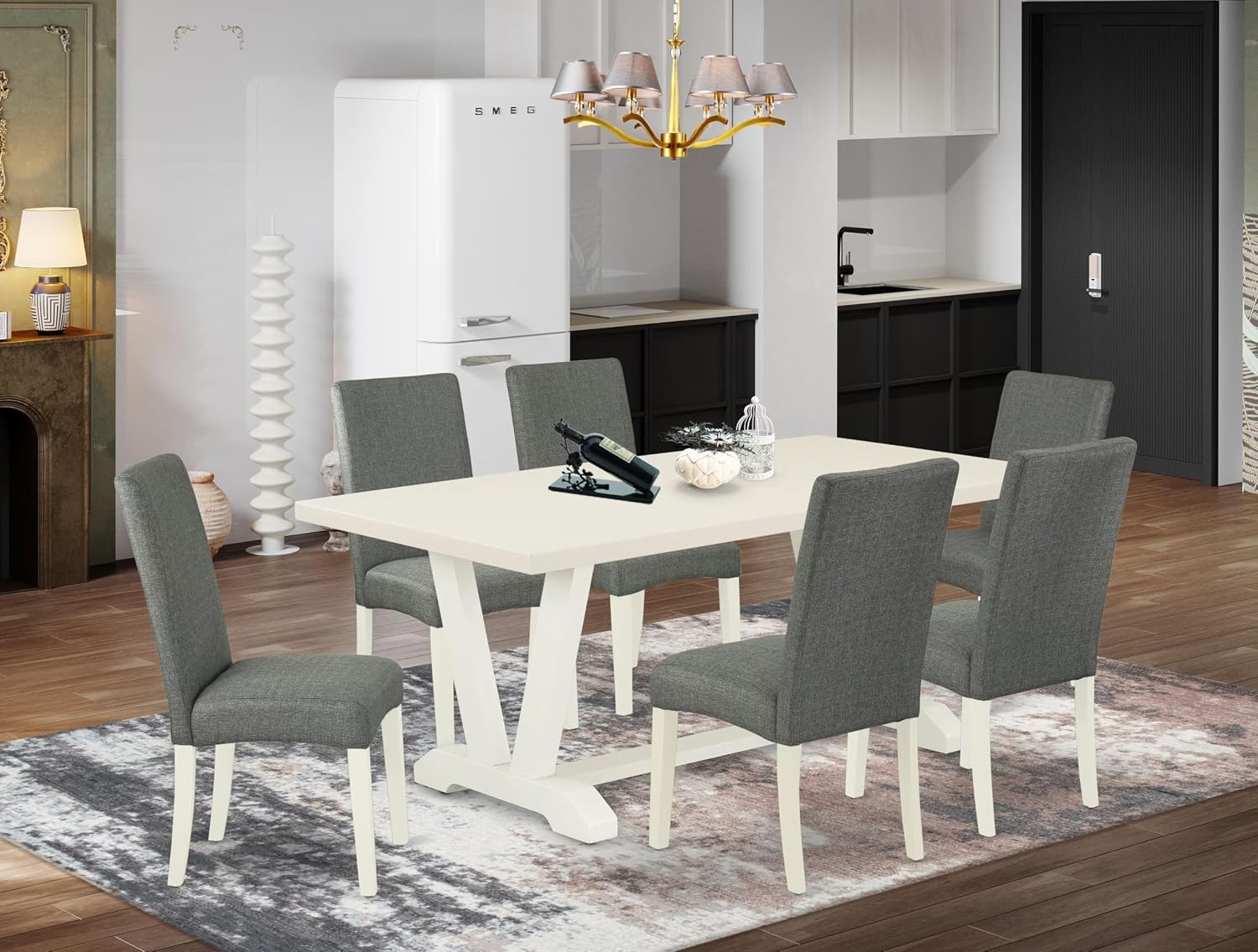 East West Furniture V027DR207-7 7 Piece Kitchen Table Set Consist of a Rectangle Dining Table with V-Legs and 6 Gray Linen Fabric Parson Dining Room Chairs, 40x72 Inch, Multi-Color