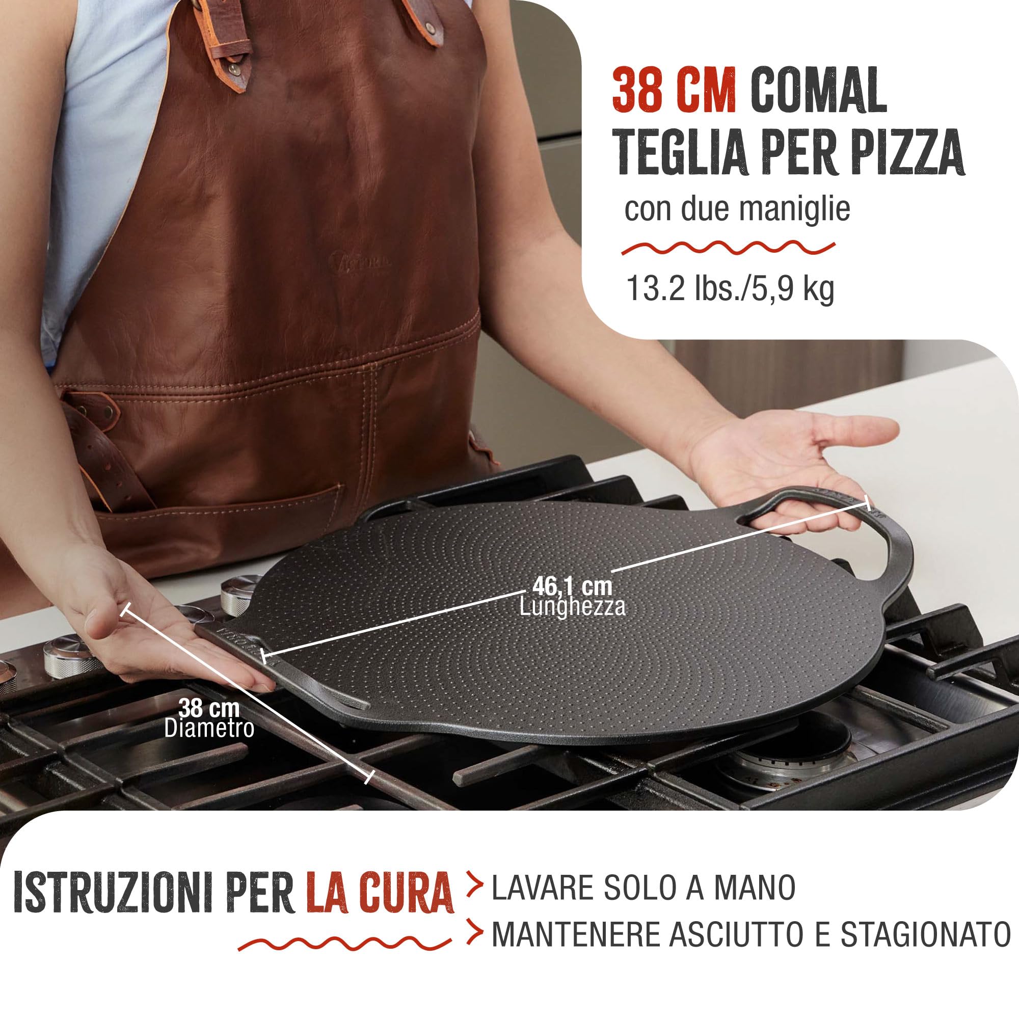 Victoria Teglia per Pizza Ghisa Stagionata, Induzione Piastra per Grigliare 38cm con Manici per Fuoco, Barbecue, Forno, Vetroceramica, Gas, Comal, Antiaderenza Priva di Sostanze Tossiche e senza PTFE