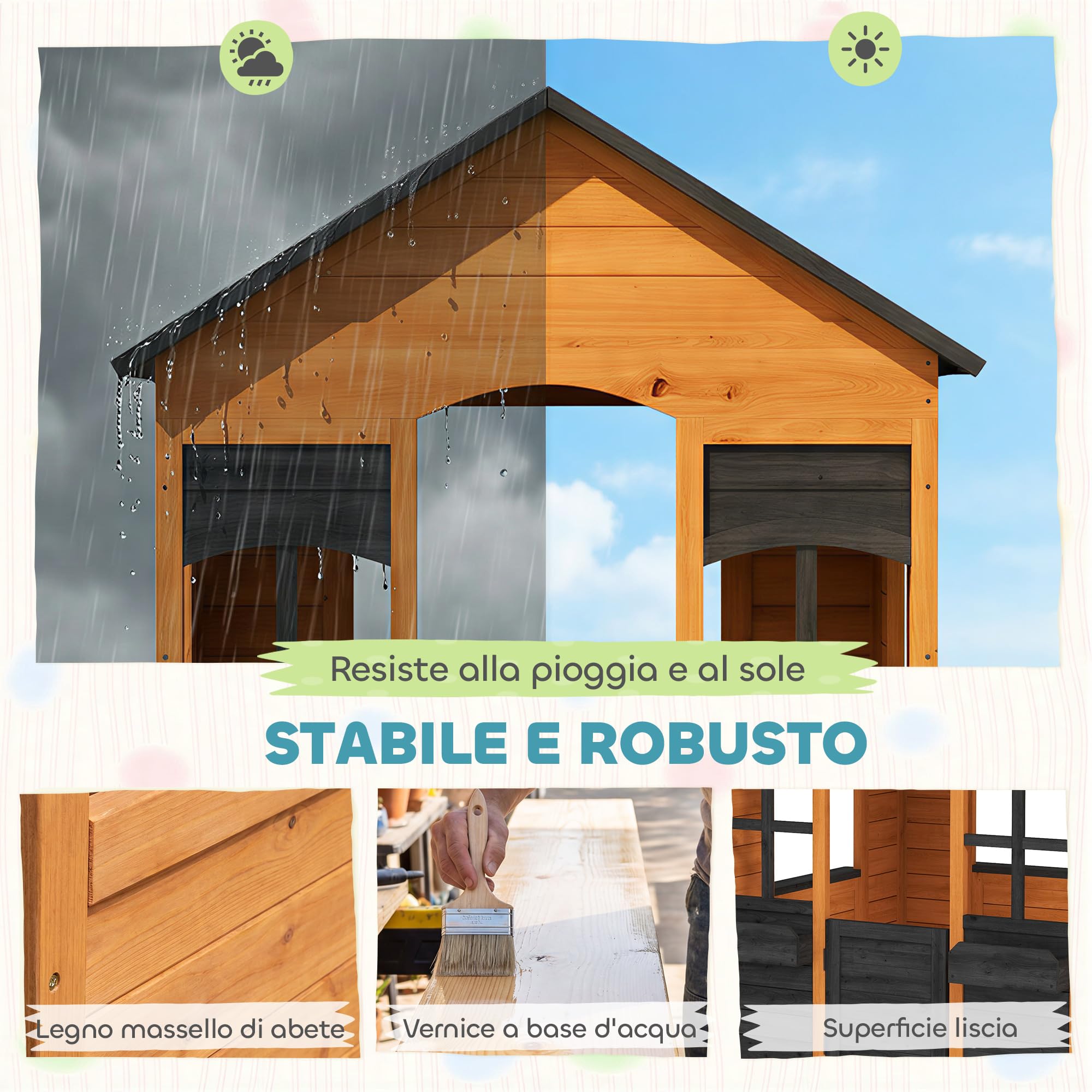 AIYAPLAY Casetta da Giardino per Bambini 3-8 Anni con Tetto, Marrone Chiaro | Legno di Abete, Esterno Interno, Mezza Porta, Finestre, Portavasi, 110.6x106.6x138 cm