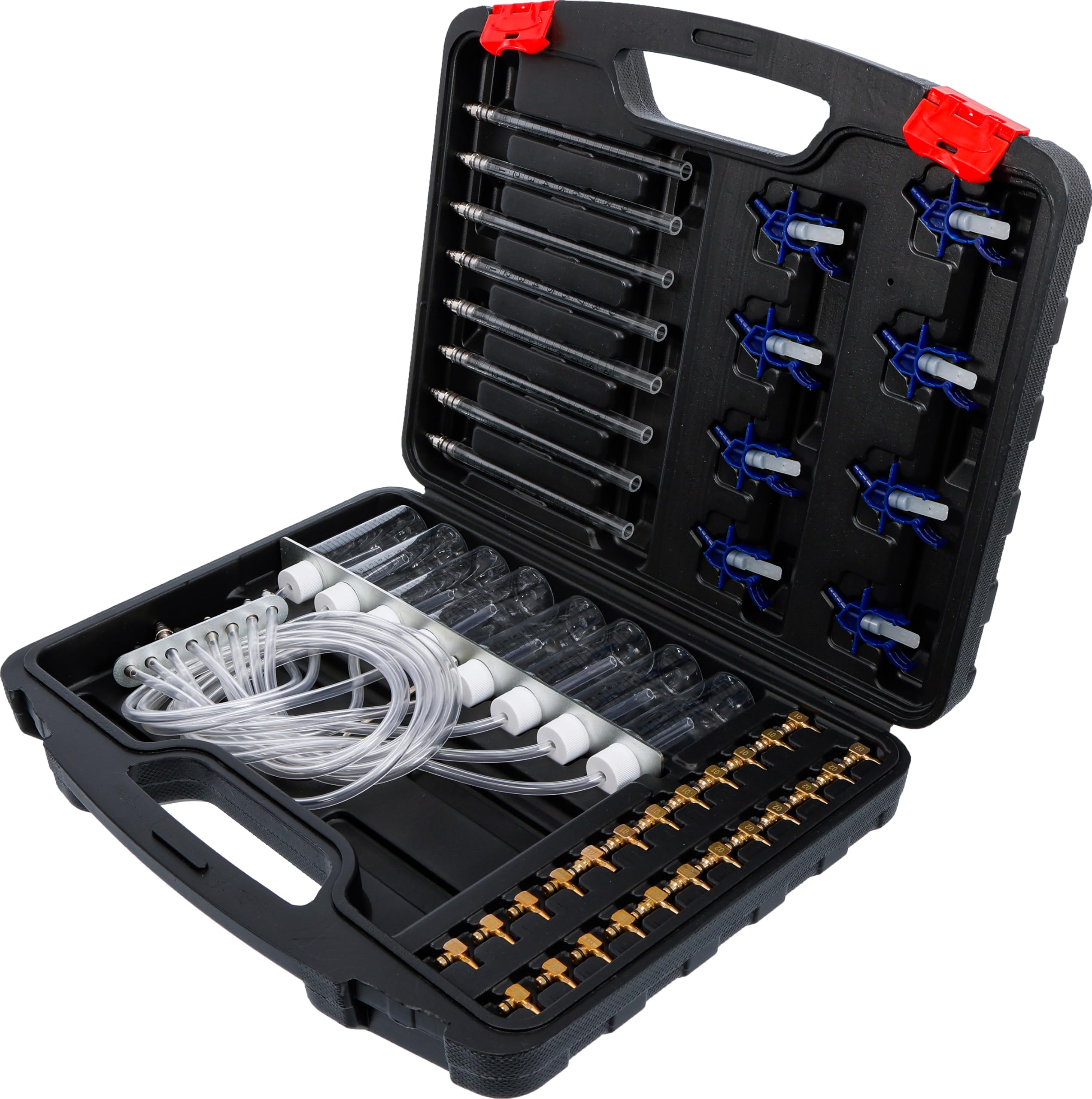 BGS Diy 98106 | Common-Rail-Tester | 32 Adapter | bis zu 8 Einspritzdüsen | Rücklaufvolumen über Glaskolben oder Messbehälter | Adapter für Denso C3, C1, Siemens C3, Delphi, Bosch