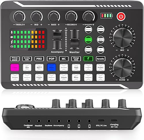 Miniatura 29 de Facmogu Mezclador de audio con tarjeta de sonido en vivo F998, interfaz de audio de podcast con efectos de mezclador de DJ, cambiador de voz