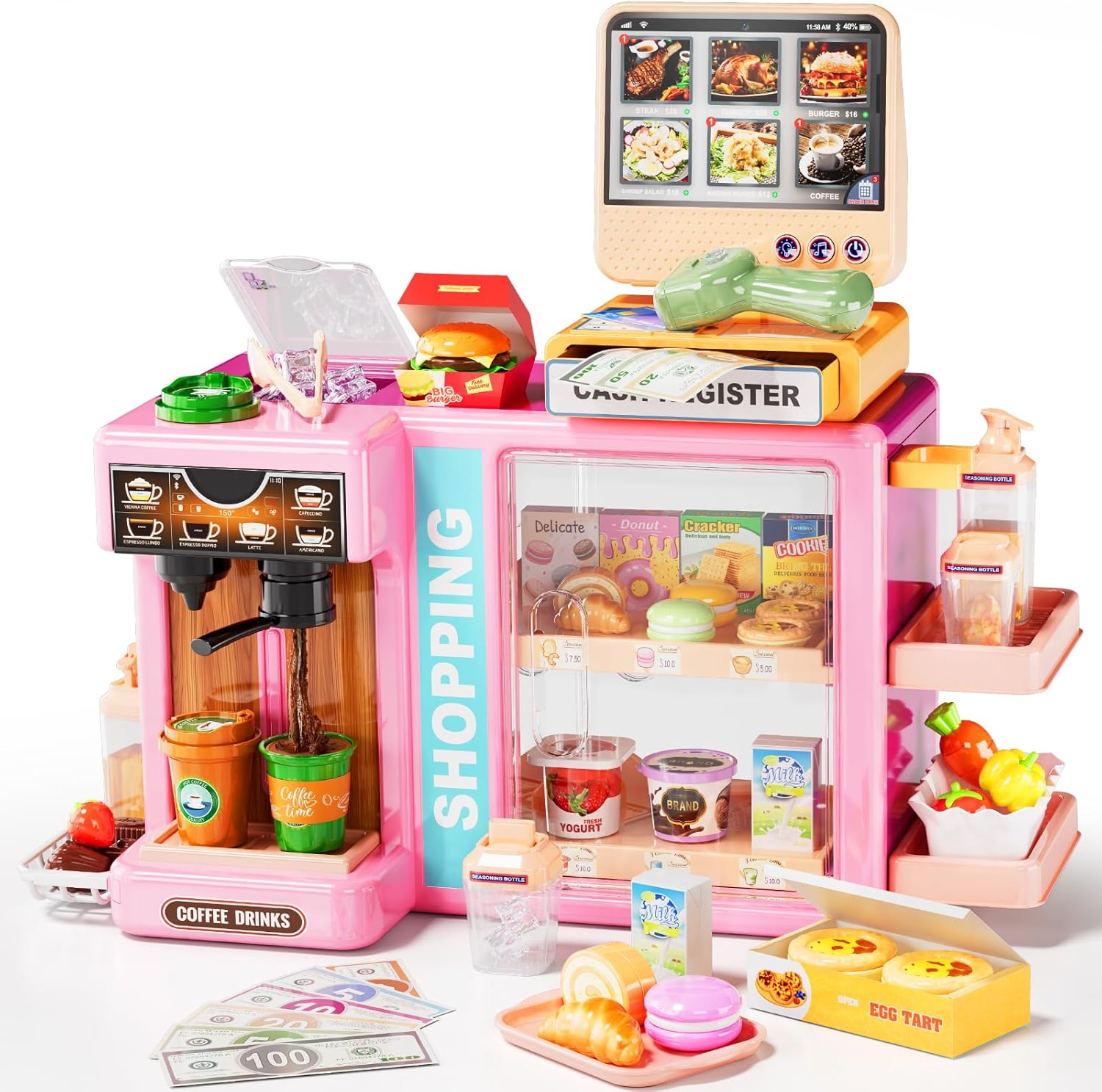 Pupu Pig Kids Grocery Store Playset with Realistic Cash Register Toy, Scanner, Play Food, Coffee Maker, Play Money & Credit Card, Preschool Pretend Play Toys for Girls Boys Birthday Gifts Ages 3+