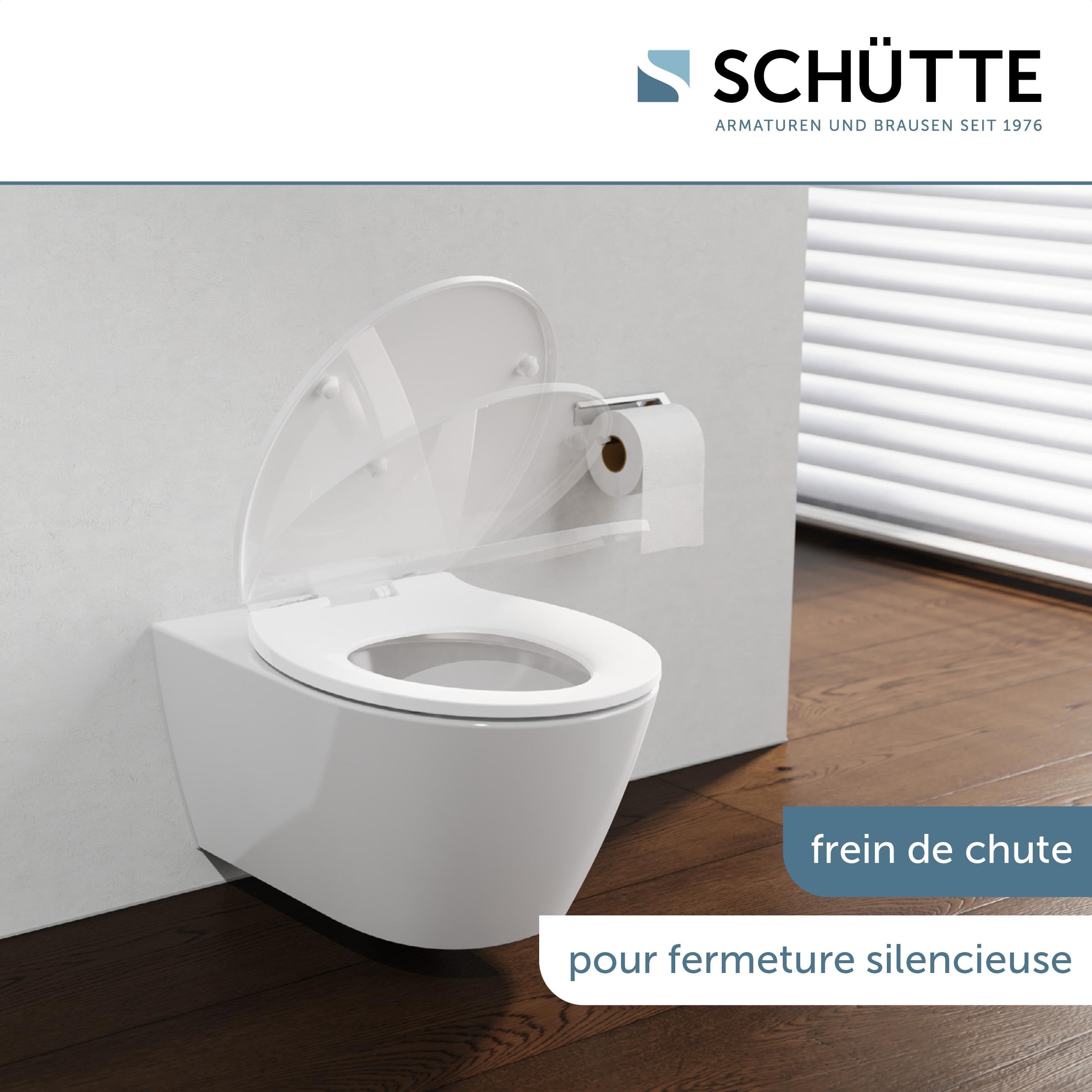 Schütte Abattant WC Universel Fin - Duroplast, Abaissement Automatique | Lunette de toilette Duroplast incassable, amovible, fixation adhésive, charge 250 kg, compatible céramiques standard