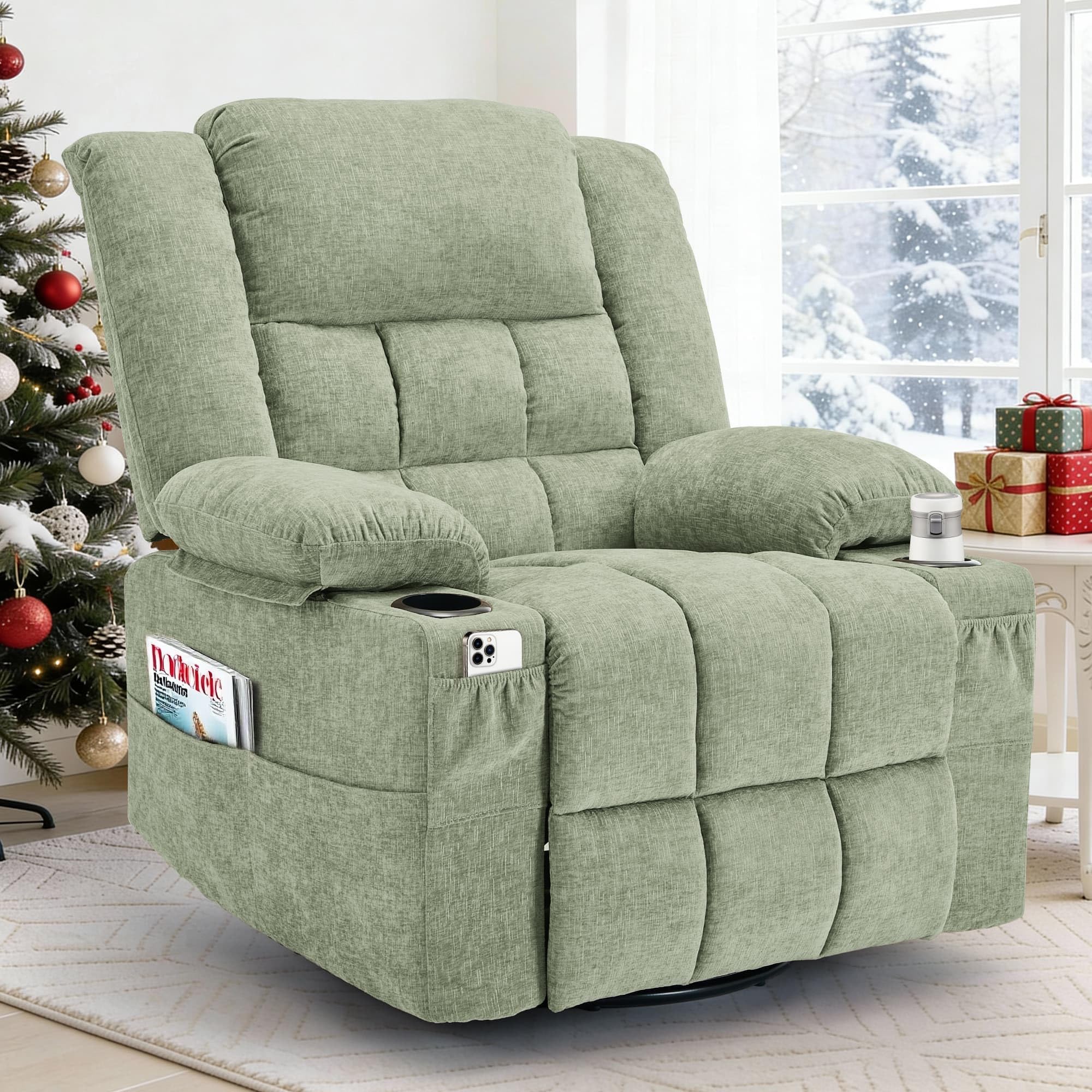 360° Swivel Rocker Recliner for Adults, Nursery Glider Recliner with Massage and Heating, Rocking Chair with Cup Holder, Manual Recliner Chair for Living Room, Bedroom (Fabric, Turquoise)