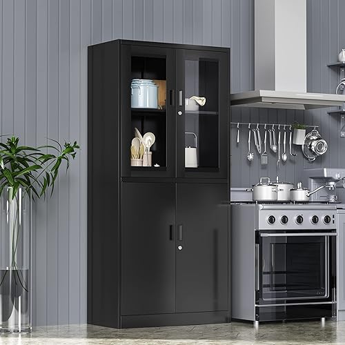 Miniatura 7 de Vitrina de 71 pulgadas de alto con estantes ajustables, vitrinas de 4 puertas con puerta de vidrio, vitrina de metal negro, caninete de