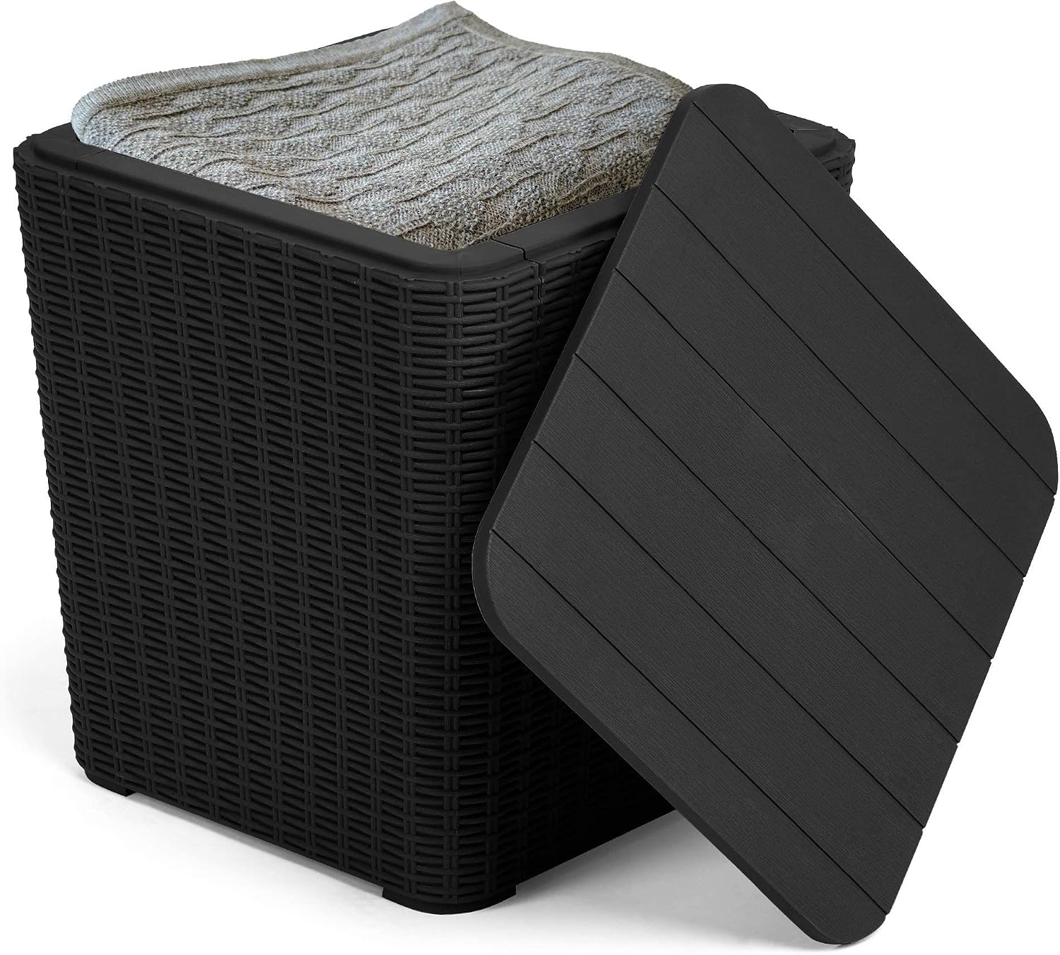 YITAHOME Outdoor Coffee Table with Extra Storage 11.5 Gallon Resin Rattan Side Table for Patio Decor,Cushions(Black)