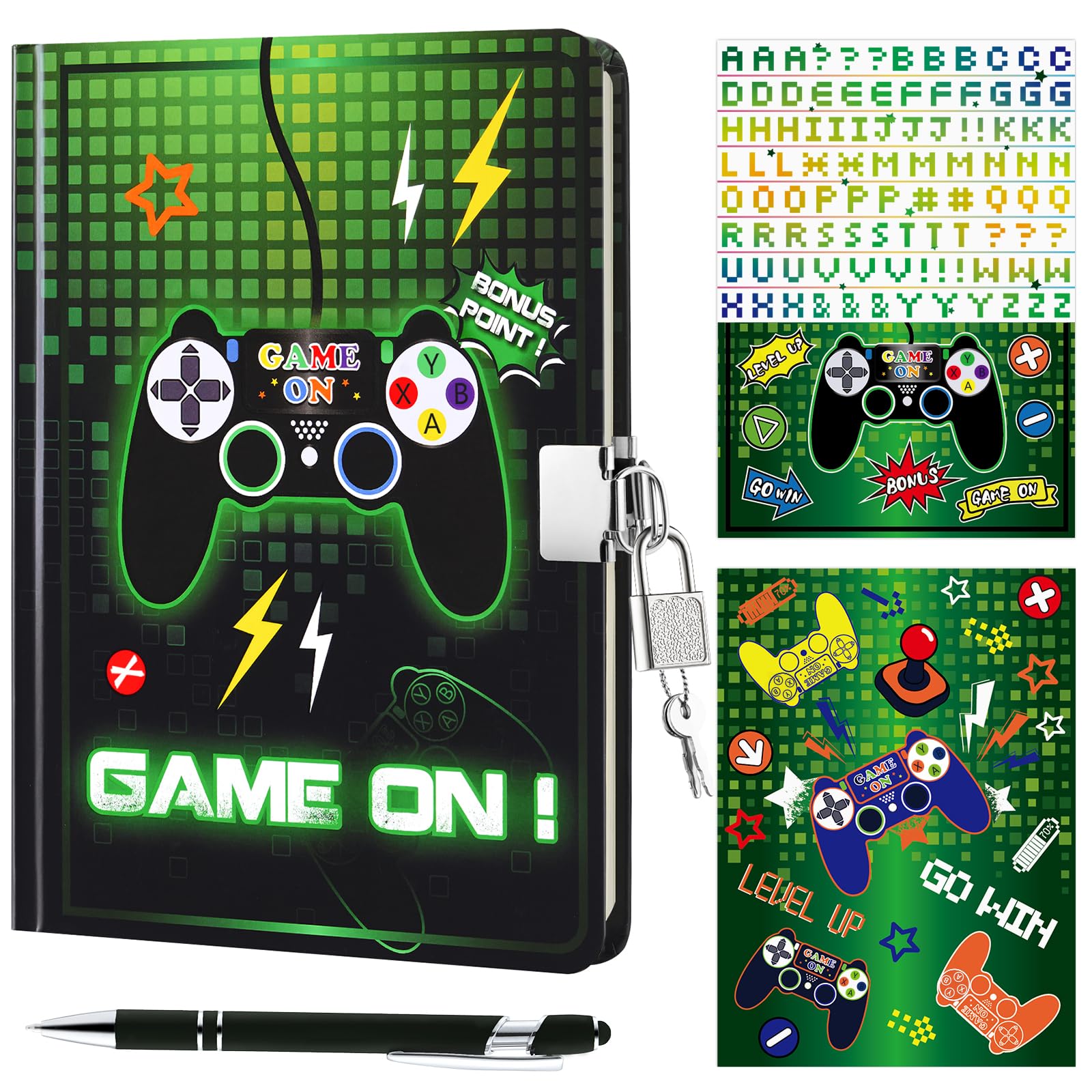 WERNNSAI Game Journal Set for Kids - Luminous Notebook Gift for Boys Kids School Travel Private Diary Hardcover A5 Lined Memos Writing Drawing Notepad Ballpoint Pen Stickers with Lock and Keys