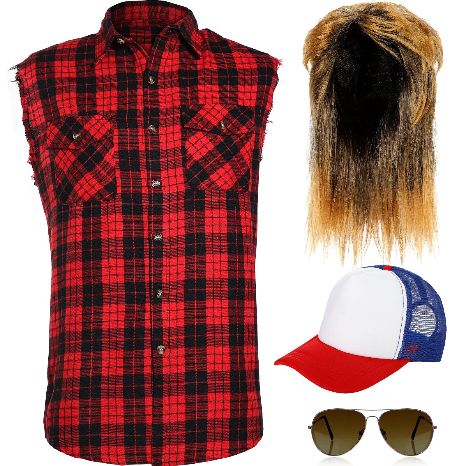 Photo 1 of SATINIOR 80s Costume for Men Blonde Mullet Wig Men Flannel Plaid Sleeveless Plus Size Vest Metal Frame Blonde Sunglasses Hat(XXX Large Shirt)