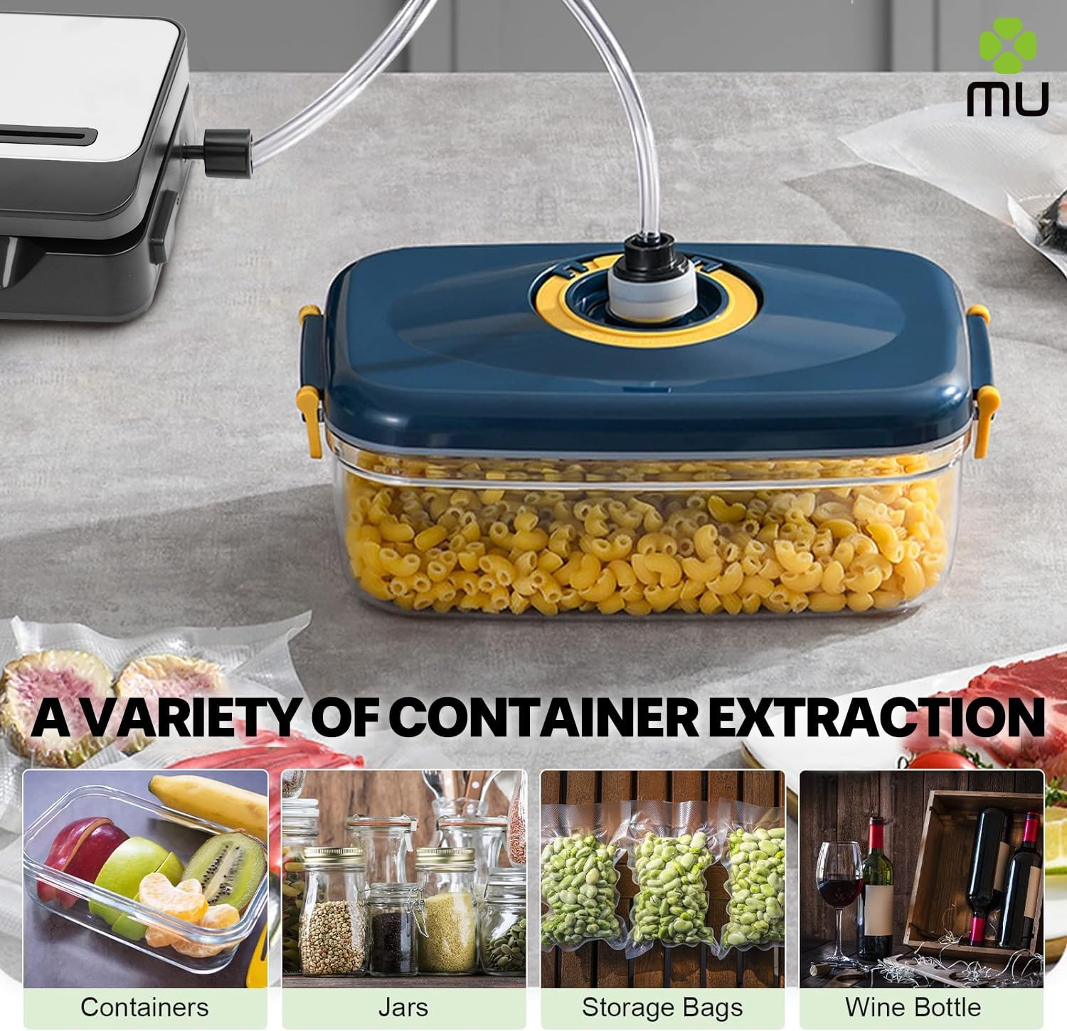 Vacuum sealer connected to a food container via a hose, with examples of other items that can be vacuumed externally like jars and wine bottles