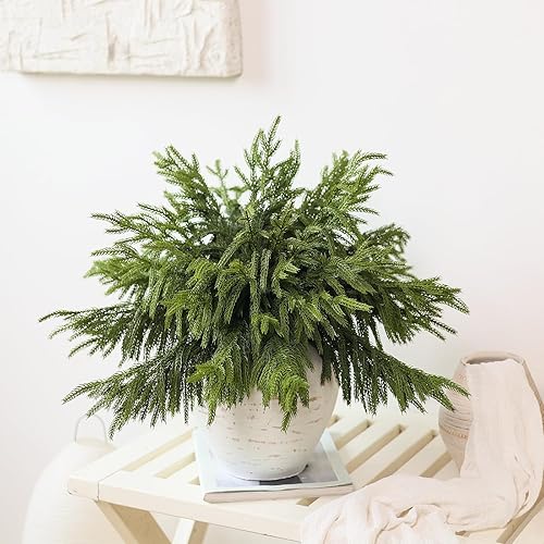 Miniatura 5 de 20 ramas de pino Norfolk de tacto real, plantas verdes artificiales de Navidad, ramas de vegetación sintética, tallo de pino falso para jarrón,
