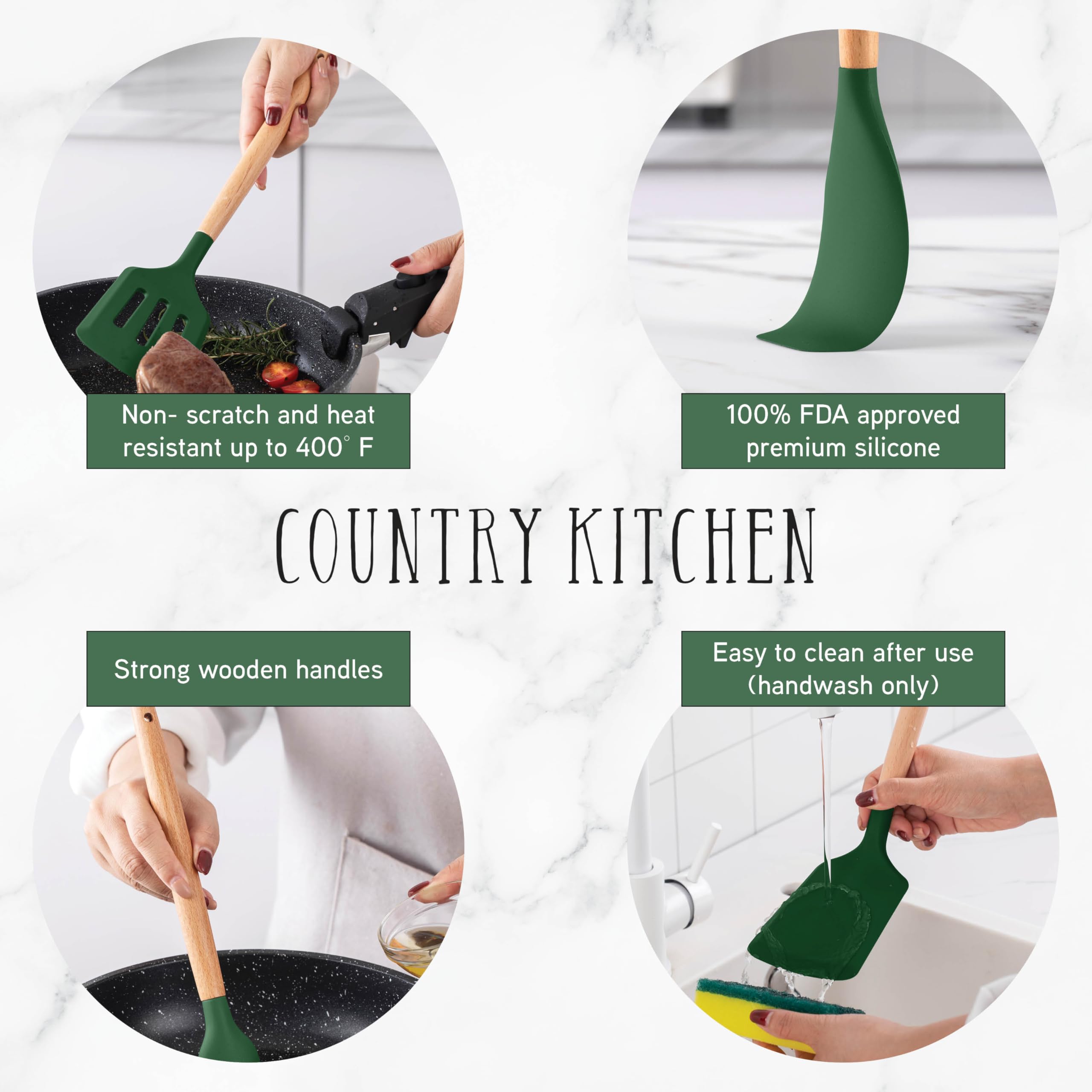 Country Kitchen Antihaft-Silikon-Utensilien-Set mit abgerundeten Holzgriffen zum Kochen und Backen, 14-teiliges Set, Grün