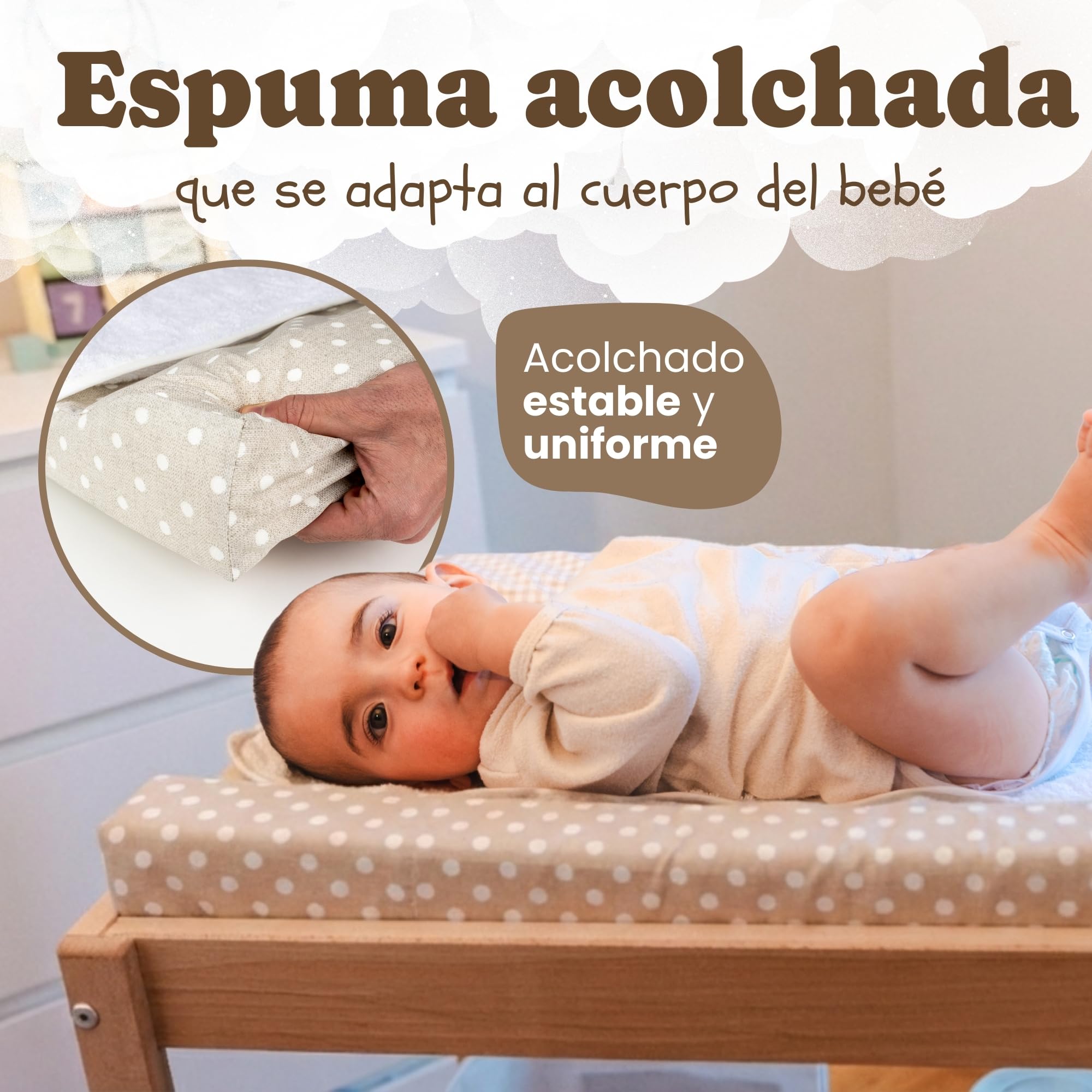 Funny Baby | Colchoneta Cambiador Bebé Impermeable 48x70 cm – Espuma Acolchada con Bordes Elevados, Funda Lavable y Toalla de Rizo – Cambiador para Cómoda Diseño Topos