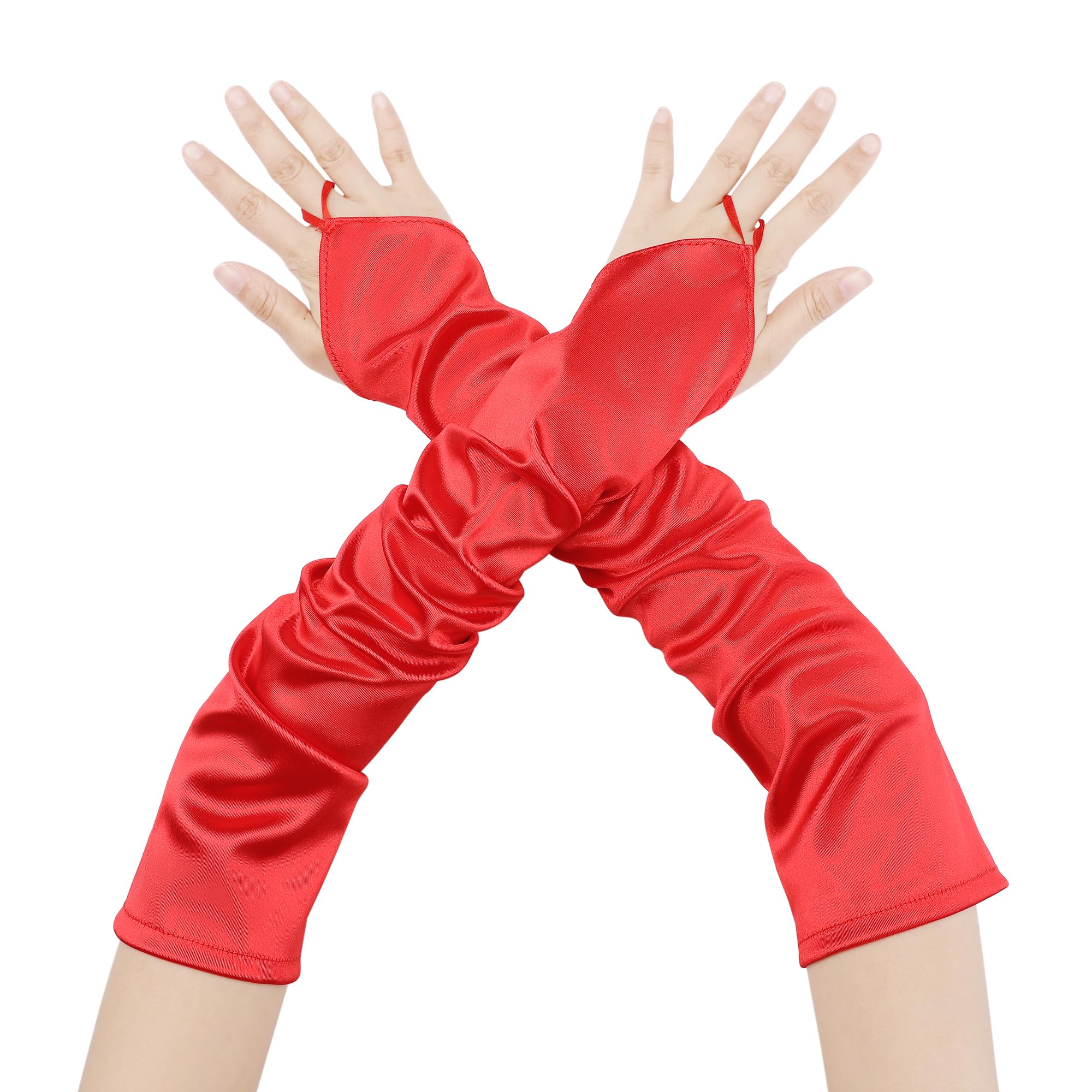 Elerevyo Women's Fingerless Sleeves Elbow Long 1920s Satin Gloves with Finger Loop for Wedding Party Red One Size