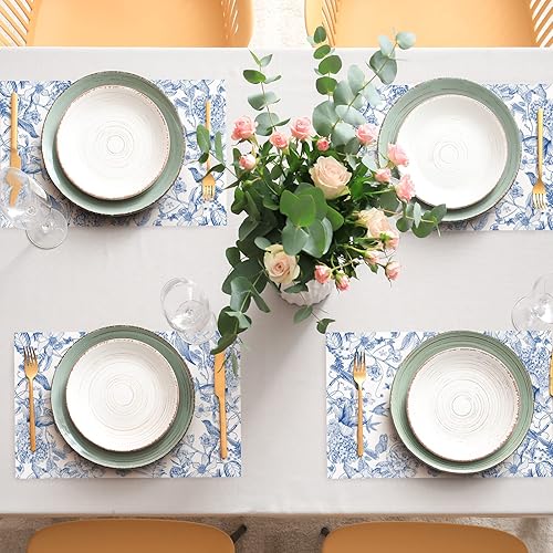 Miniatura 7 de AnyDesign Paquete de 50 manteles individuales de papel de flores y pájaros, ramas de hortensias azules y blancas, manteles individuales desechables