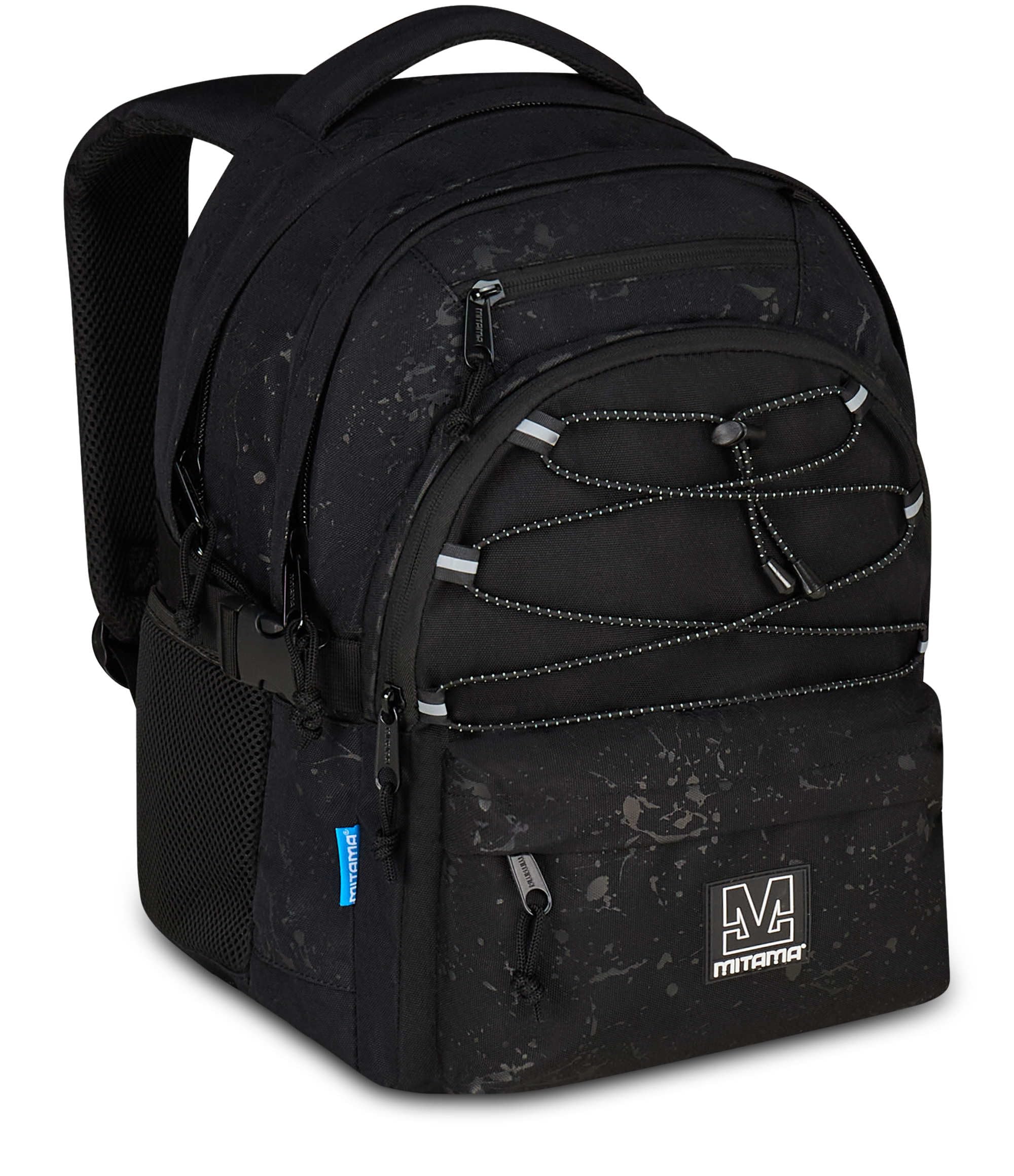 Mitama Zaino Scuola #BDBF BLACK SPLASH, Nero, Zaino Triplo Scomparto, Tasca Porta Borraccia, Porta USB Integrata, Larghezza Regolabile, Zaino Scuola Media e Superiore, Ragazza
