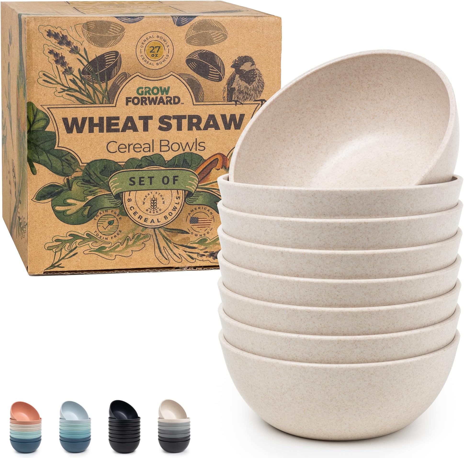 Grow Forward Premium Wheat Straw Bowls Set of 8 - Reusable 27oz Hard Plastic Cereal Bowls - Unbreakable Microwave Safe Bowls for Kitchen, Camping, RV, Dessert, Soup, Salad, Ramen, Eating - Sahara