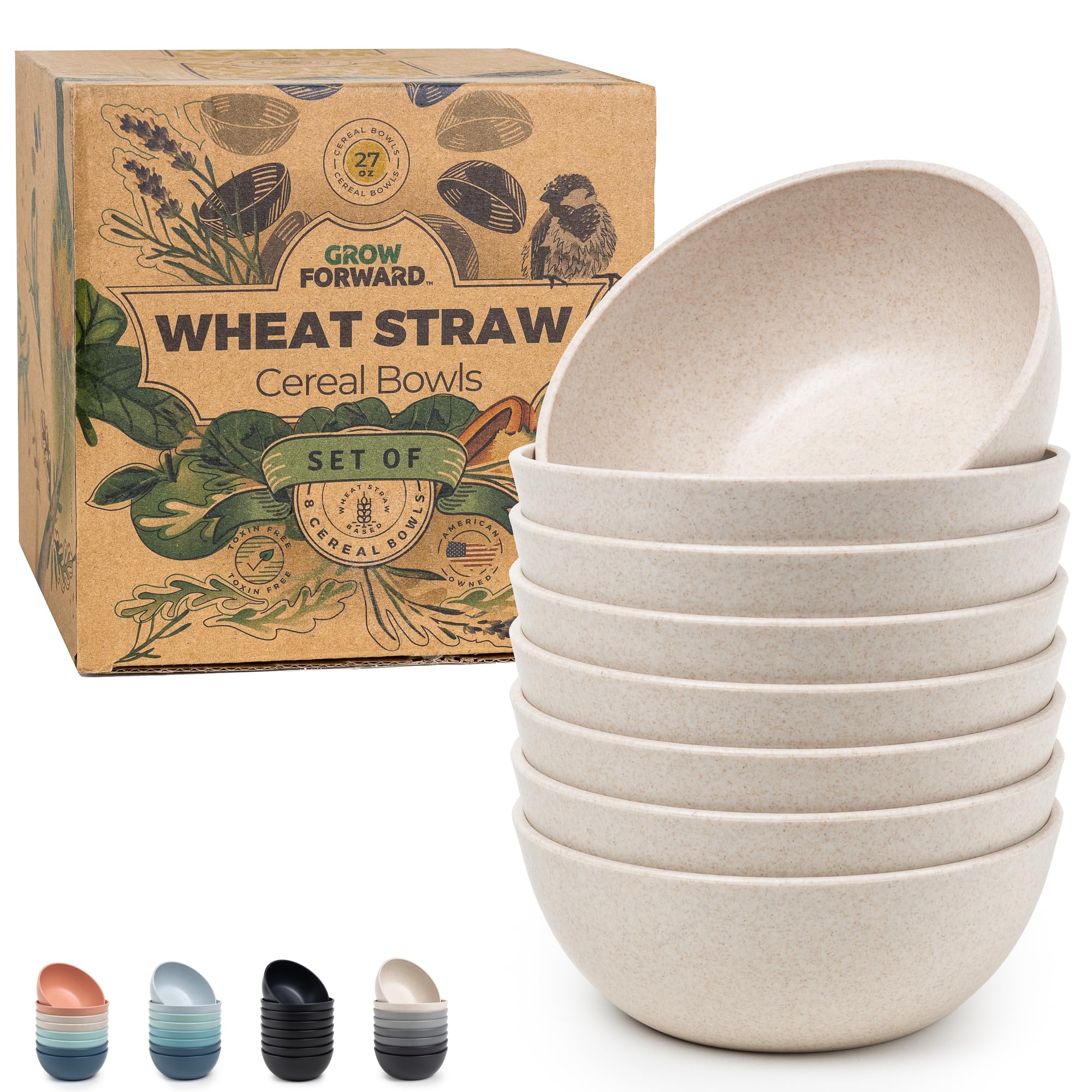 Grow Forward Premium Wheat Straw Bowls - 27oz Microwave Safe Plastic Cereal Bowls Set of 8 for Kitchen, Camping, RV, Dessert, Snack, Soup, Salad, Fruit - Reusable, Unbreakable & BPA Free - Sahara