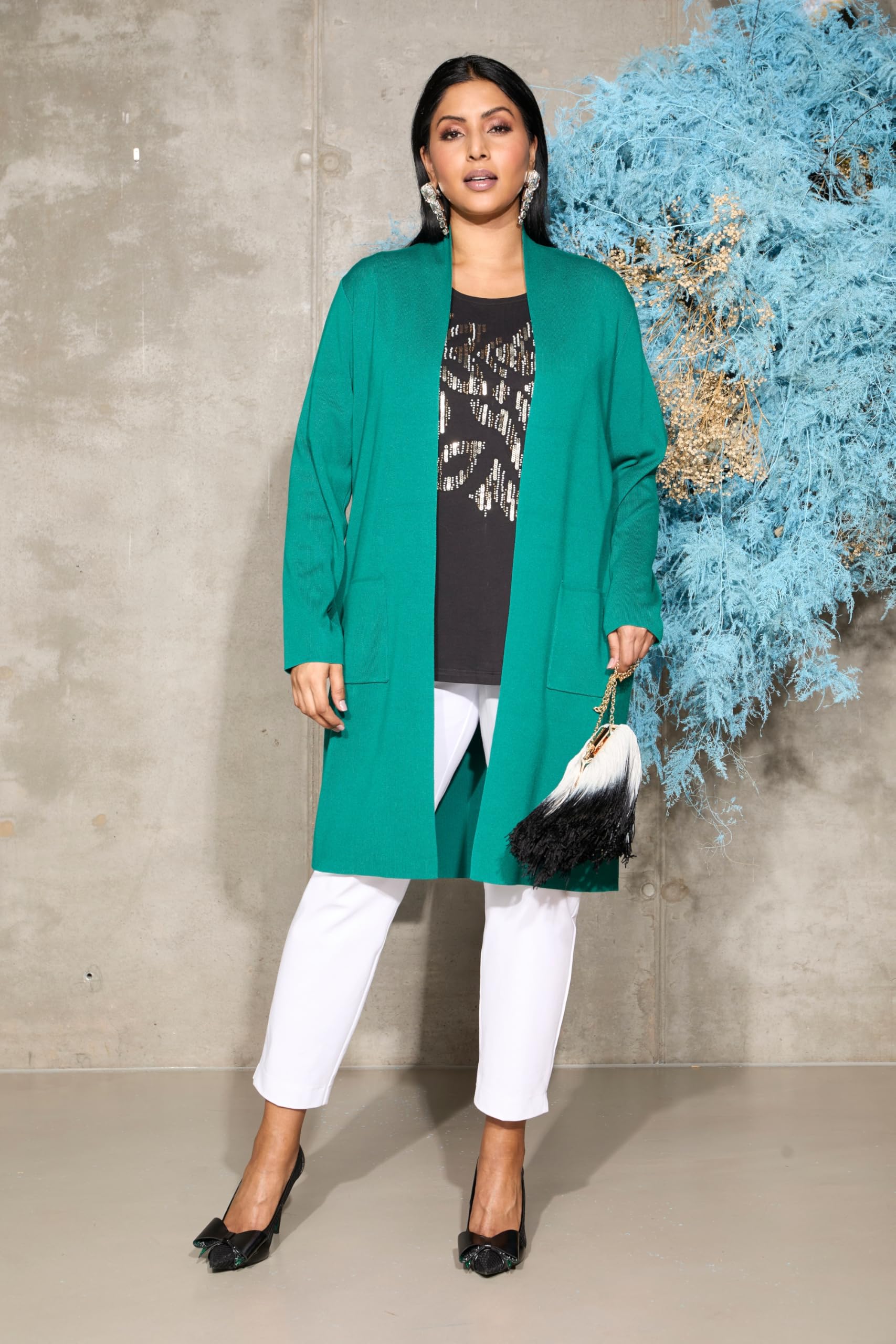 Ulla Popken damska kurtka z dzianiny, duże rozmiary, plus size, długa, otwarta forma, miękka dzianina, Zielononiebieski., 54-56