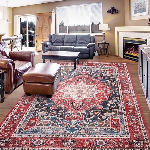 Miniatura 9 de Alfombra bohemia vintage de 5 x 7 pies, ligera, resistente a las manchas, lavable a máquina, antideslizante y no desprende pelusa, para sala de