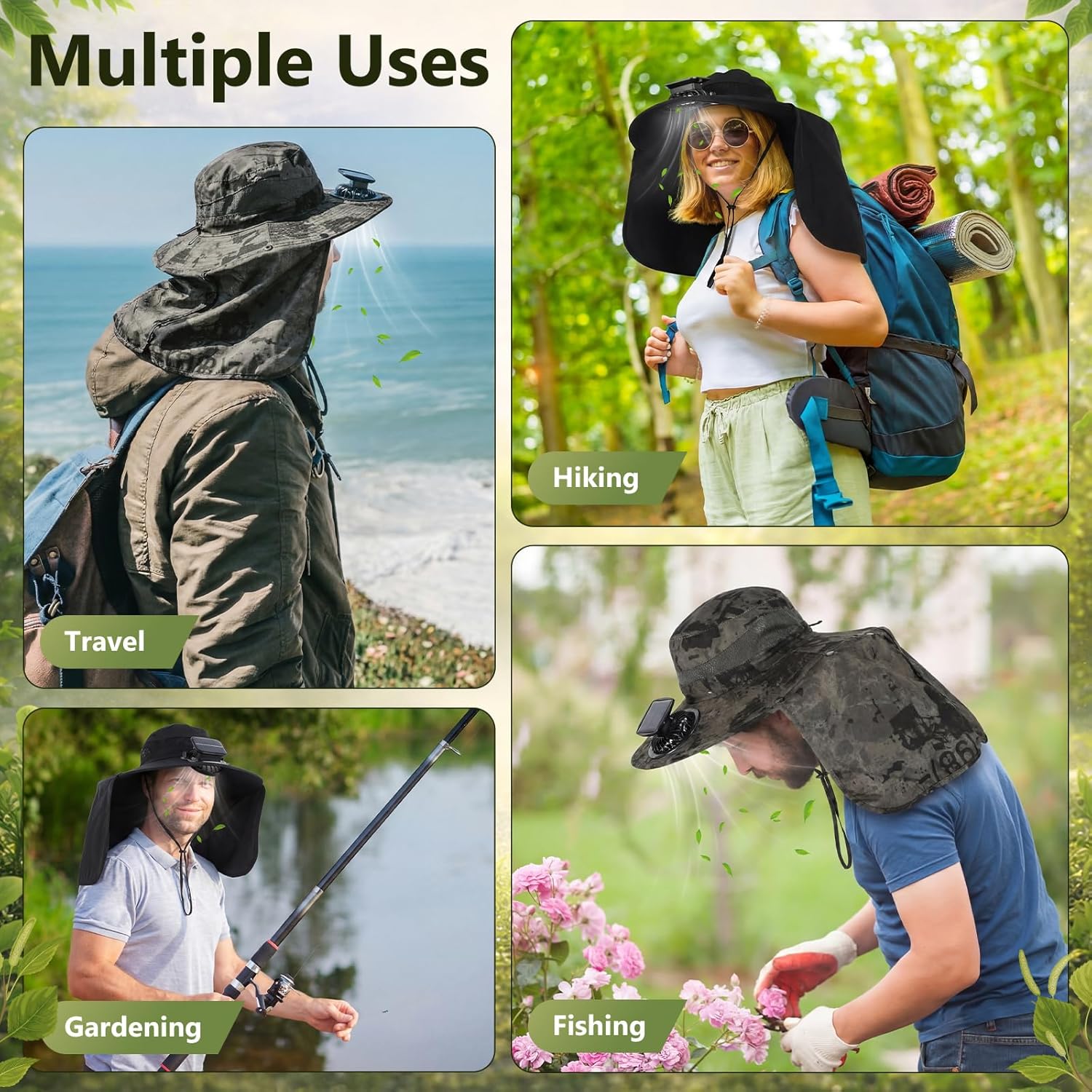 Maiteenly 2 Pcs Hat with Fans Solar Power Fan Hats for Men Neck Flap Wide Brim Cap for Hiking Outdoor, USB and Solar Powered