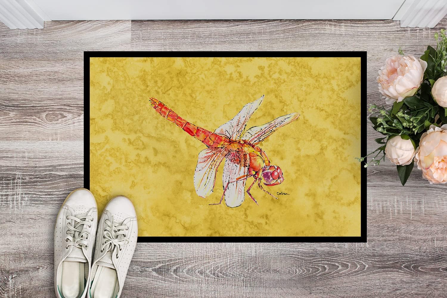 Caroline's Treasures 8866JMAT Dragonfly on Yellow Doormat 24x36 Front Door Mat Indoor Outdoor Rugs for Entryway, Non Slip Washable Low Pile, 24H X 36W