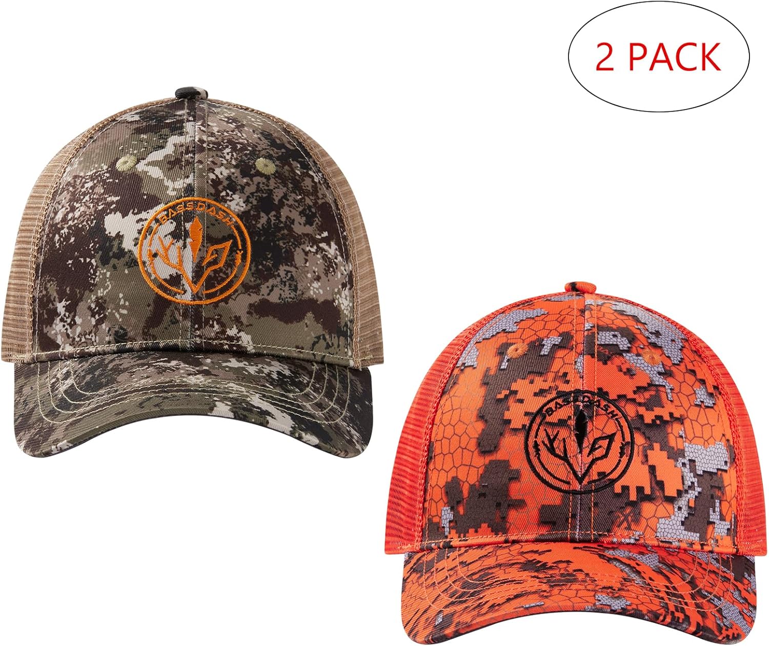 BASSDASH 2 Pack Altimate Fishing Hunting Hat Mesh Back for Men Women Adjustable Baseball Trucker Cap Camo Blaze Orange
