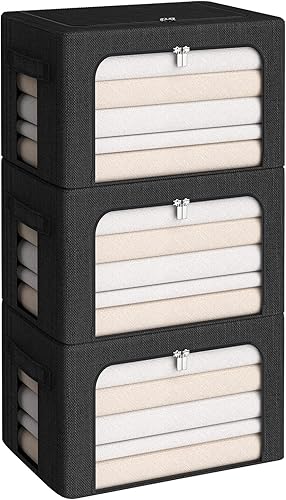 Miniatura 9 de Paquete de 3 contenedores plegables de almacenamiento, caja de almacenamiento de tela de lino, apilable, organizador de ropa con ventana