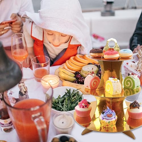 Miniatura 4 de Soporte para cupcakes, paquete de 2 platos redondos de cartón de 3 niveles para postres, pasteles de frutas, soporte para base de cupcakes, bandeja