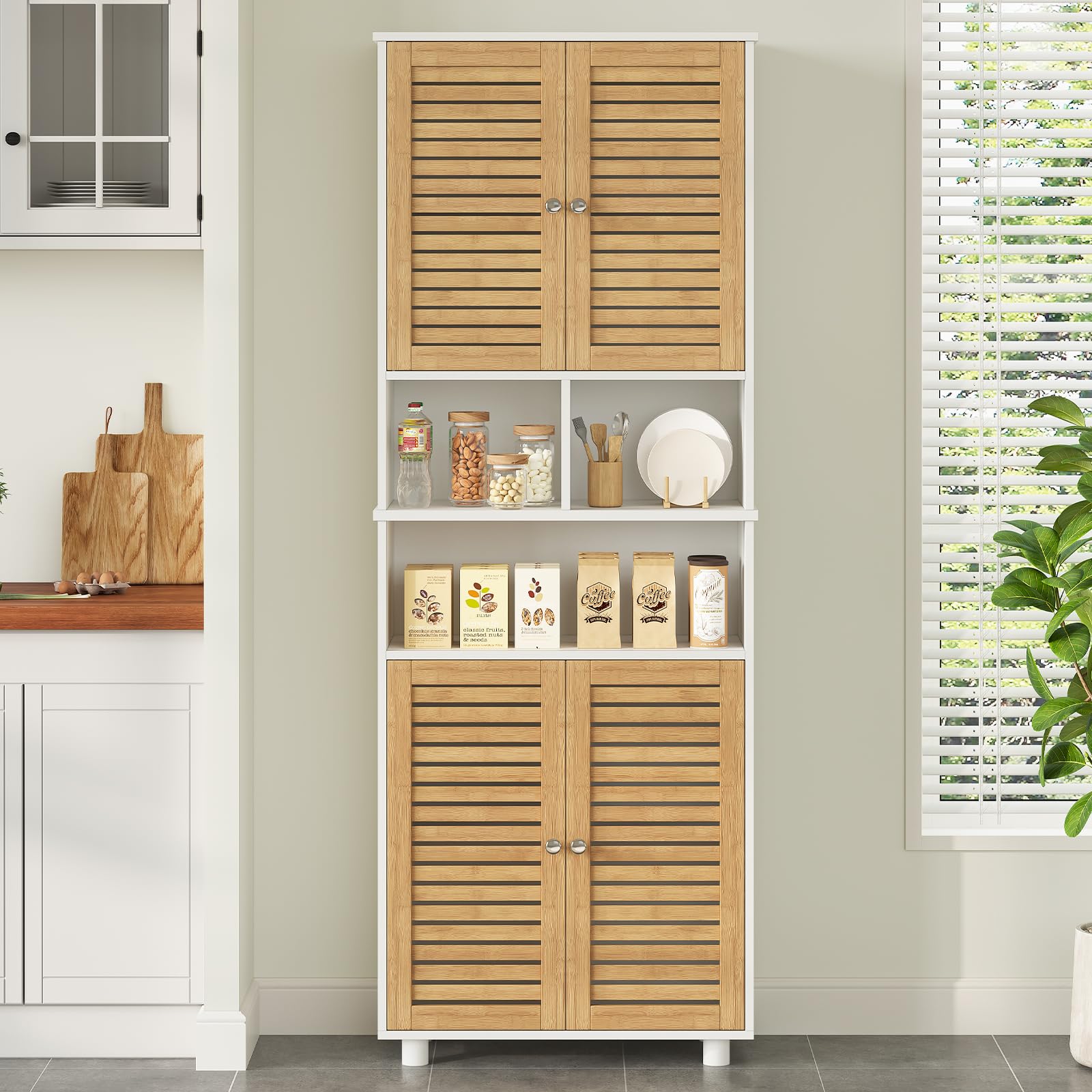 Badezimmerschrank hoch, Badezimmer Hochschrank mit 3 offenen Fächern und verstellbaren Ablagen, Badschrank mit 4 Bambustüren, Bad hochschrank für Wohnzimmer, Küche und Bad, 60 x 30 x 170 cm