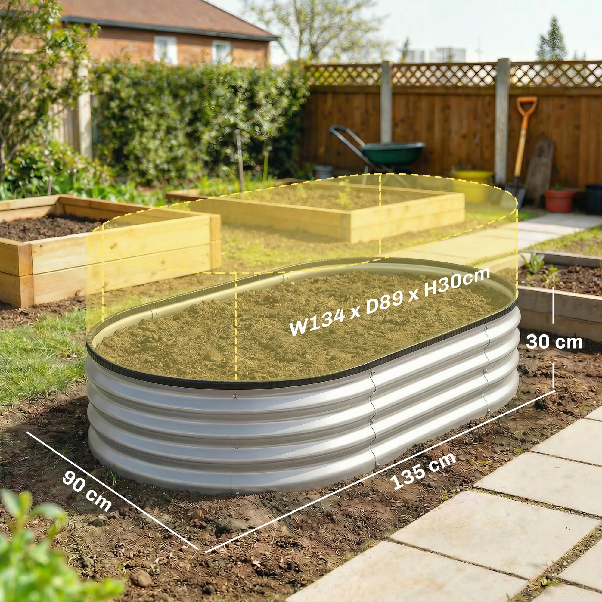 Outsunny Jardinière surélevée en métal, lot de 2, 135 x 90 x 30 cm, ovales, fond ouvert, bandes en caoutchouc, bordure de sécurité, gants, kit modulaire, jardinière surélevée pour légumes, fruits,