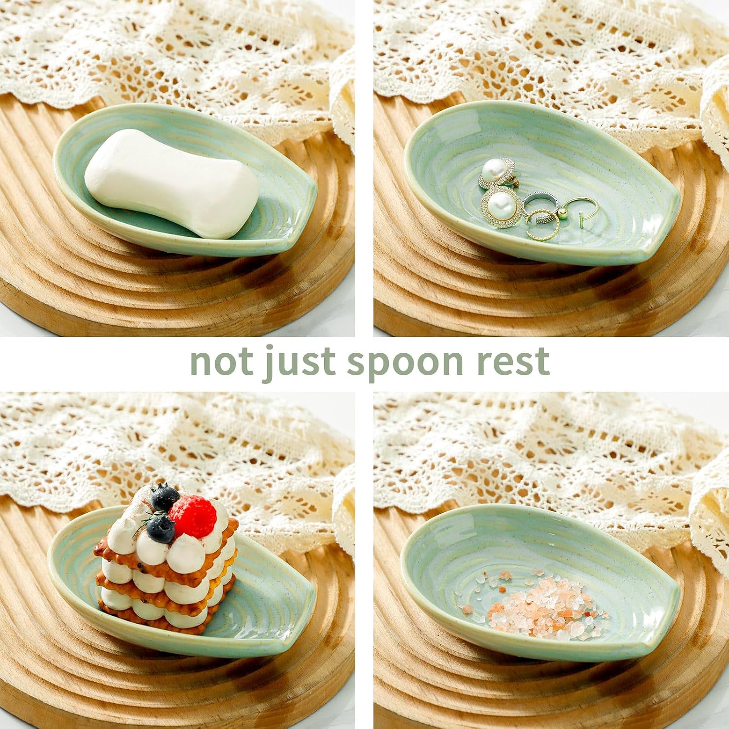 HASENSE Ceramic Spoon Rest for Stove Top, Heat-Resistant Spoon Holder for Kitchen Counter, Sage Green Swirl Utensil Rest for Spatula, Ladle, Whisk & Cutlery, Dishwasher & Microwave Safe