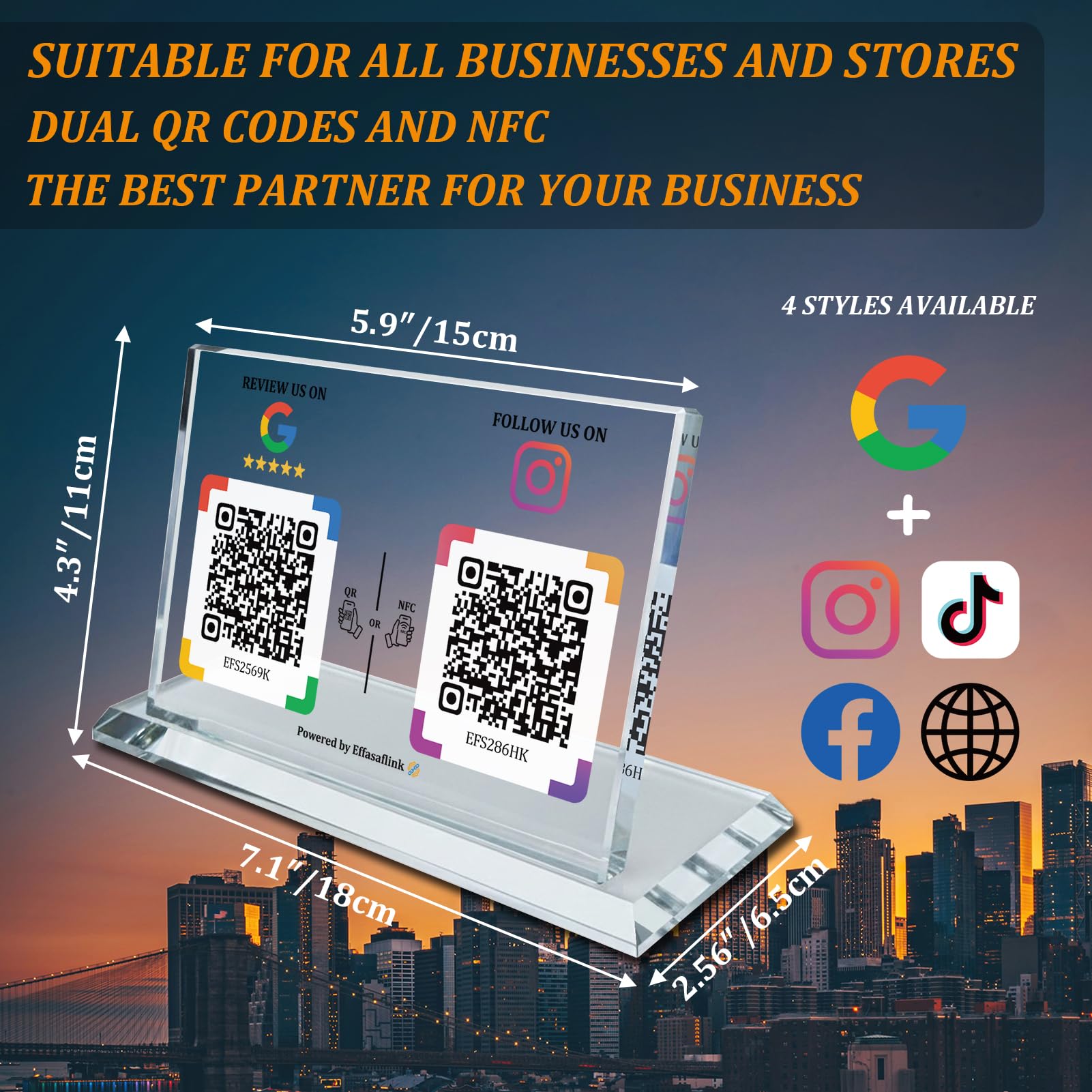 Crystal Display Stand with Dual QR & NFC Sign - Compatible with Google & Facebook, Easy and Fast Access to Social Media Page for Customers - Perfect for Promoting Social Media Following