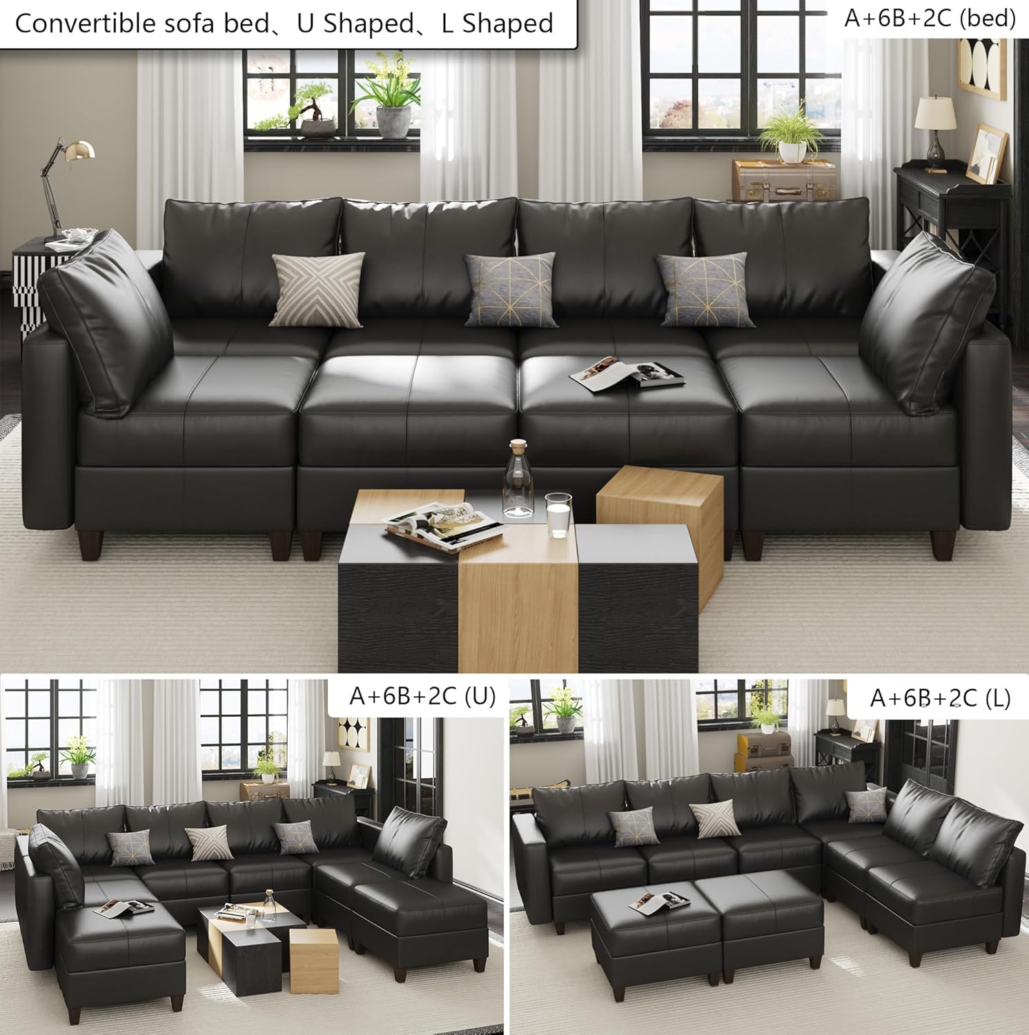 Various configurations of the modular sofa, including L-shaped, U-shaped, and sleeper bed