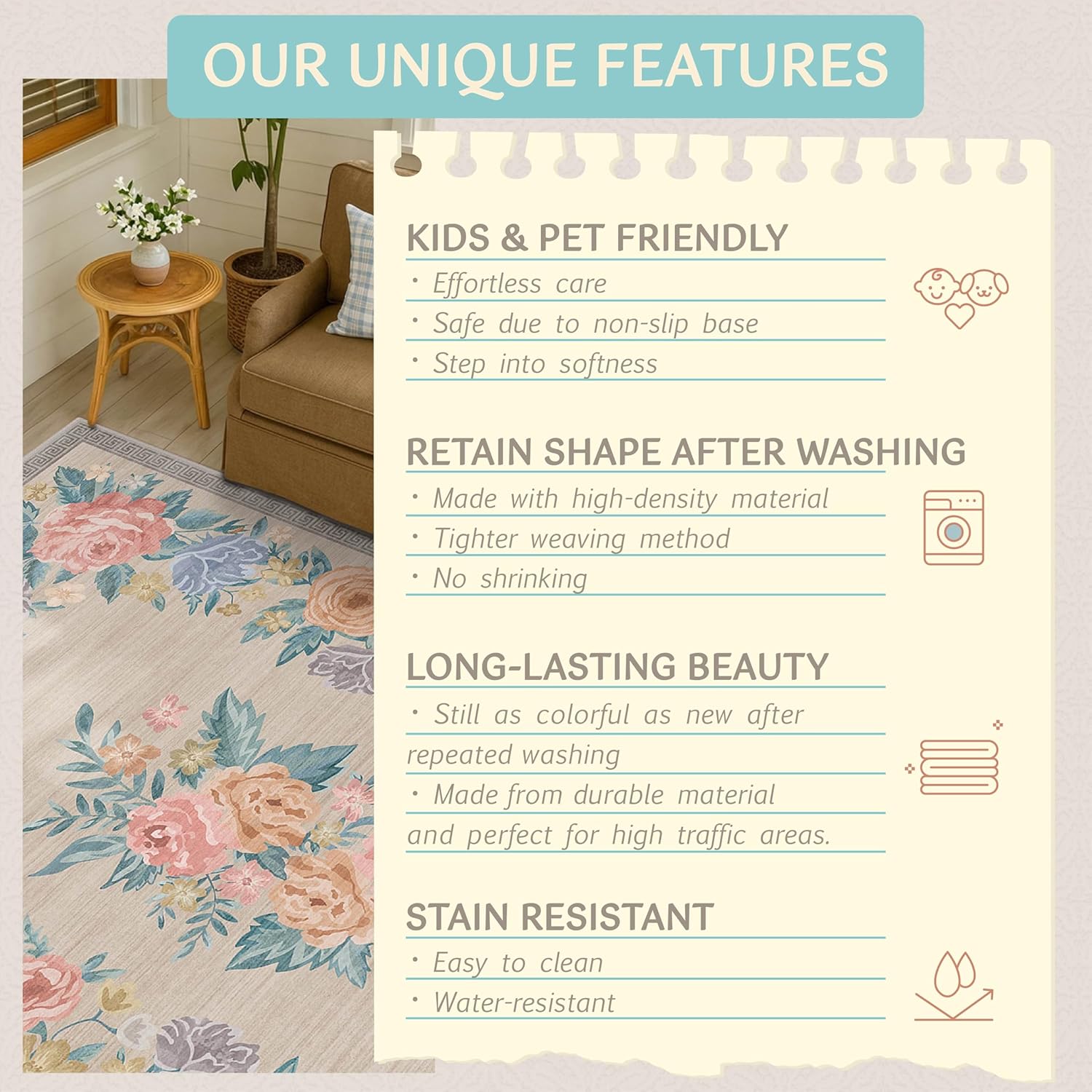 Beige Washable 2x3 Entry Rug, Floral Soft Non Skid Small Indoor Door Mat – Pastel Flower Spring Kitchen Rugs, Low Pile Rose Rug for Bathroom Bedroom, Cottage Stain Resistant Entryway Throw Carpet