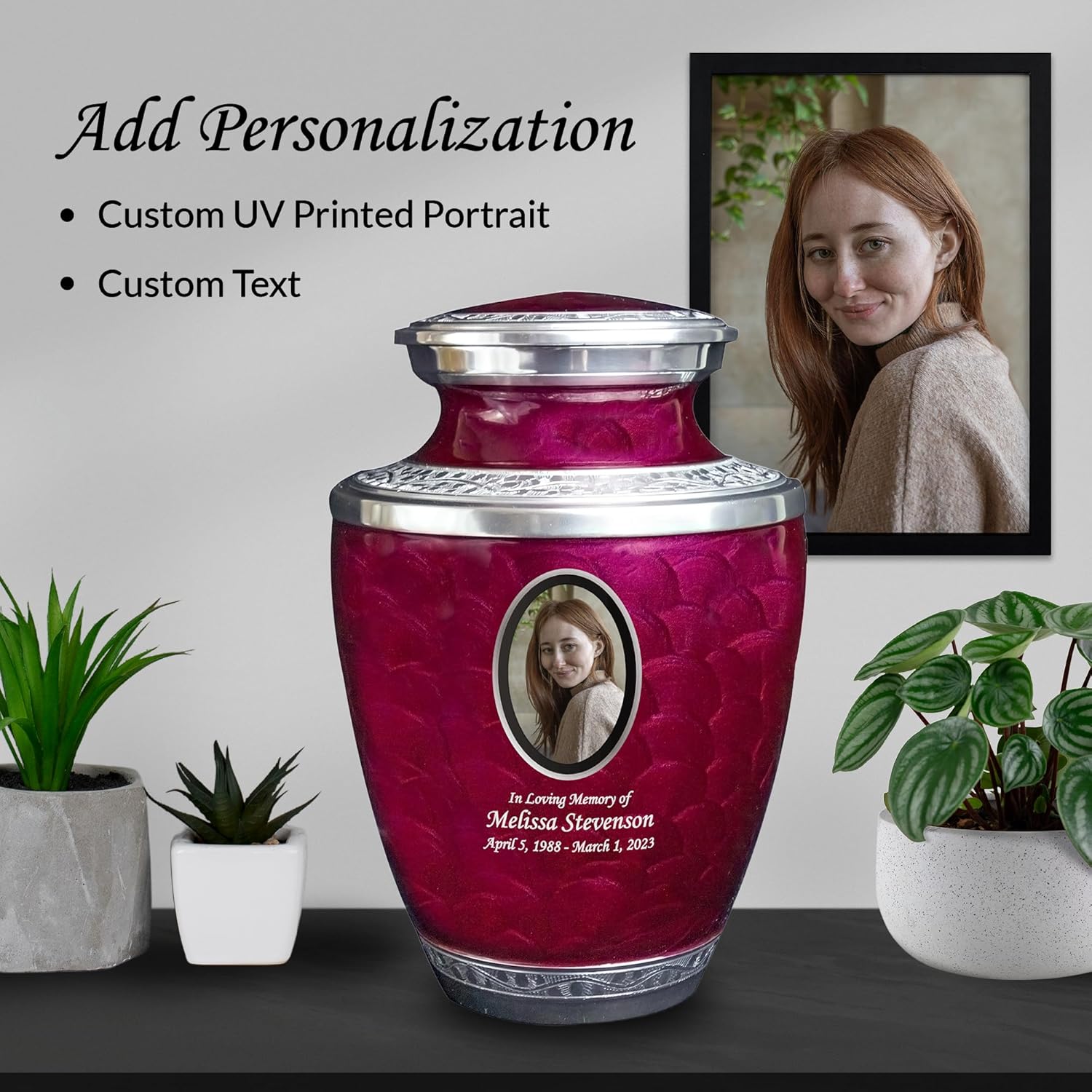 Personalized Photo Cremation Urns for Adult Human Ashes, Large Custom Engraved Picture Memorial Urn for Men and Women with Velvet Bag, Holds 230 lbs (Maroon)
